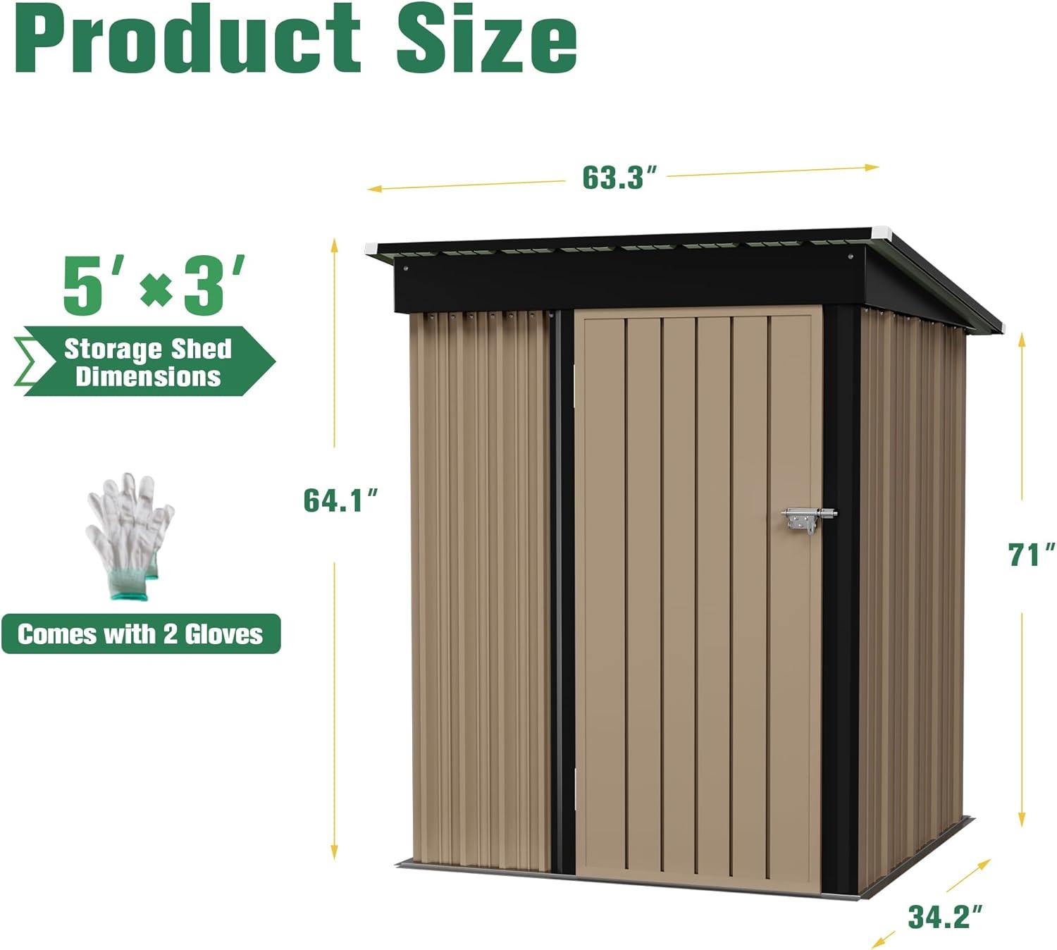 Outdoor Storage Shed 5X3 FT Small Outside Sheds & Outdoor Storage Anti-Corrosion Metal Shed Waterproof Outdoor Storage Cabinet with Door & Lock for Backyard Patio Lawn (Brown)