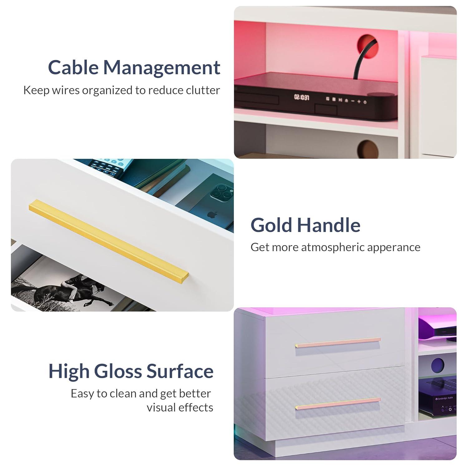 BELLEZE 66" TV Stand for TVs Up to 75", Entertainment Center with Music Sync LED Lights, Media Console Table Storage Cabinet with Open Shelves & Drawers for Living room, Bedroom - Hawthorn (White)