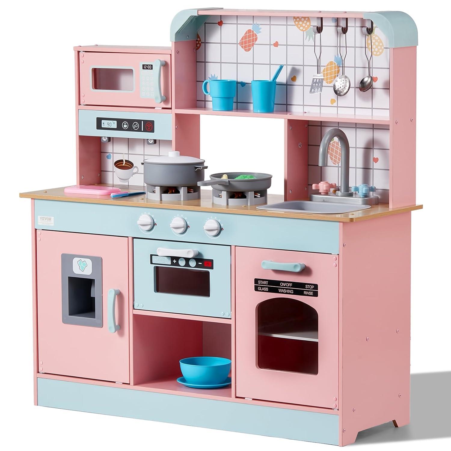 VEVOR Play Kitchen for Kids, Wooden Toy Kitchen Set with Lights and Sounds, Toddler Kitchen with Ice Maker, Oven, Sink, Microwaves, Fridge and Utensil and Fruit Accessory for Toddlers ages 3-8, Pink