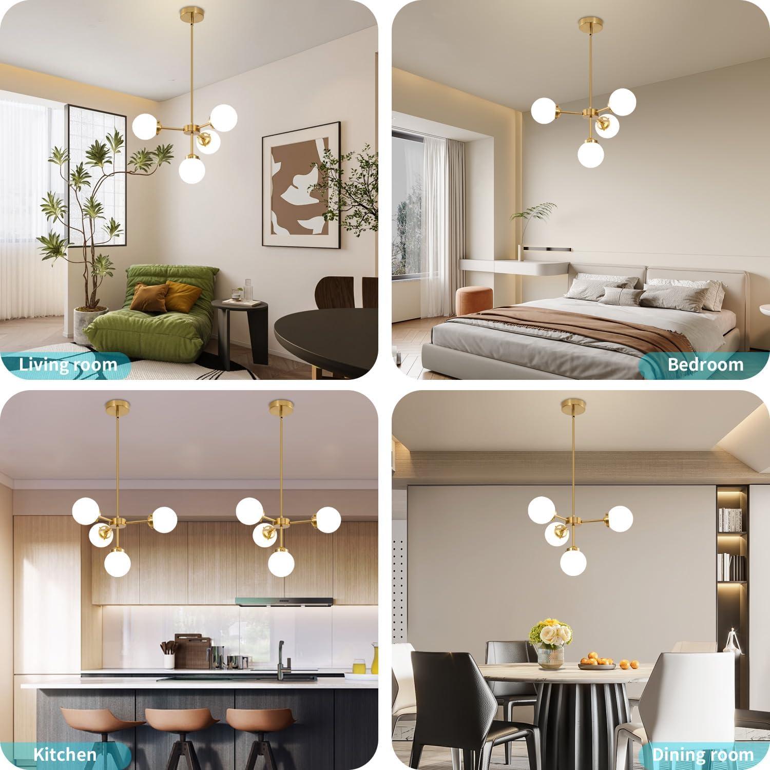 Gold Sputnik Chandelier 4-Light Globe Sputnik Ceiling Light Fixture Mid Century Sputnik Chandeliers with Milk Glass Shade