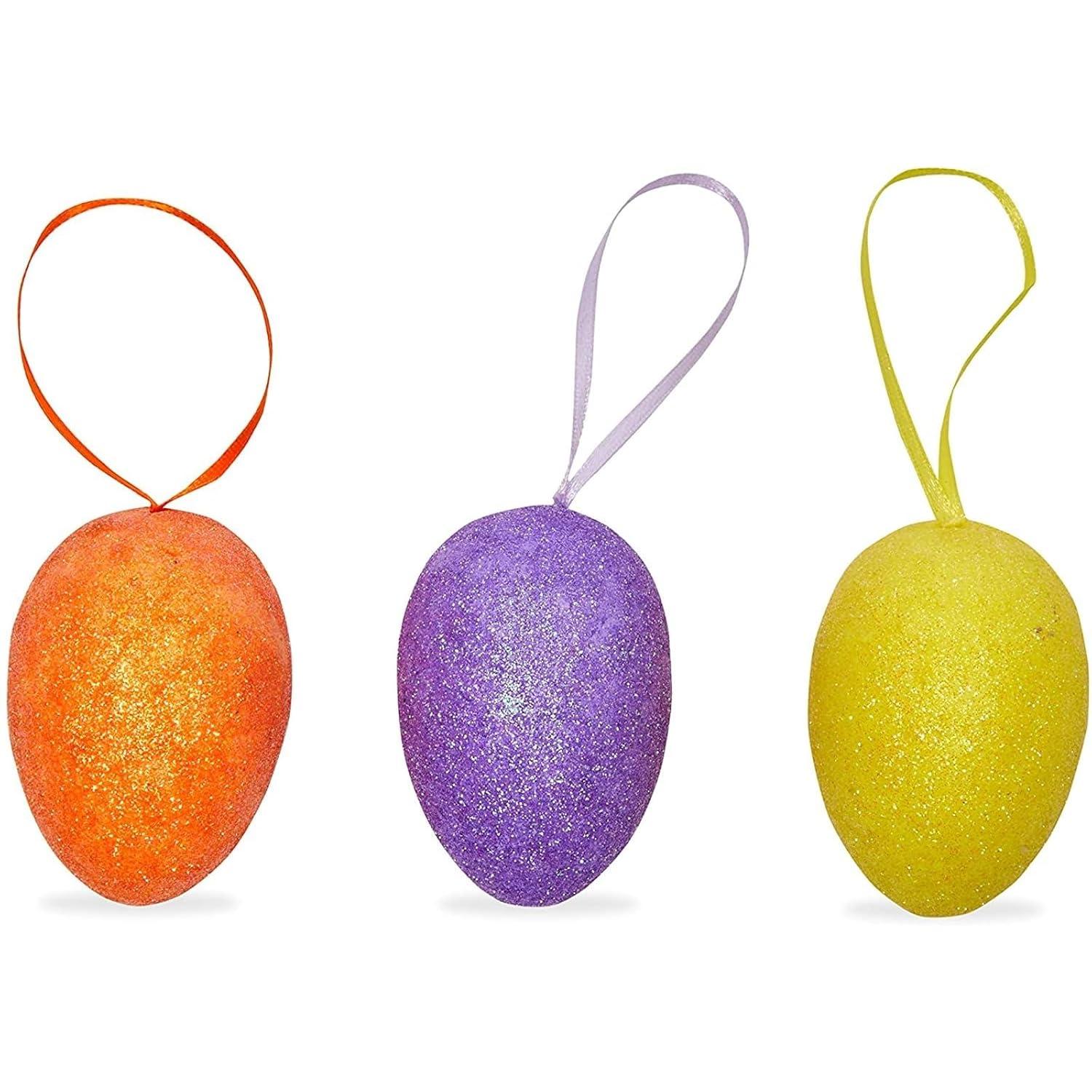 36 Pack Easter Egg Ornaments in 6 Sparkle Colors - Glitter Foam Hanging Easter Eggs for Easter Tree Decorations, Basket Filler, Home Party, DIY Crafts