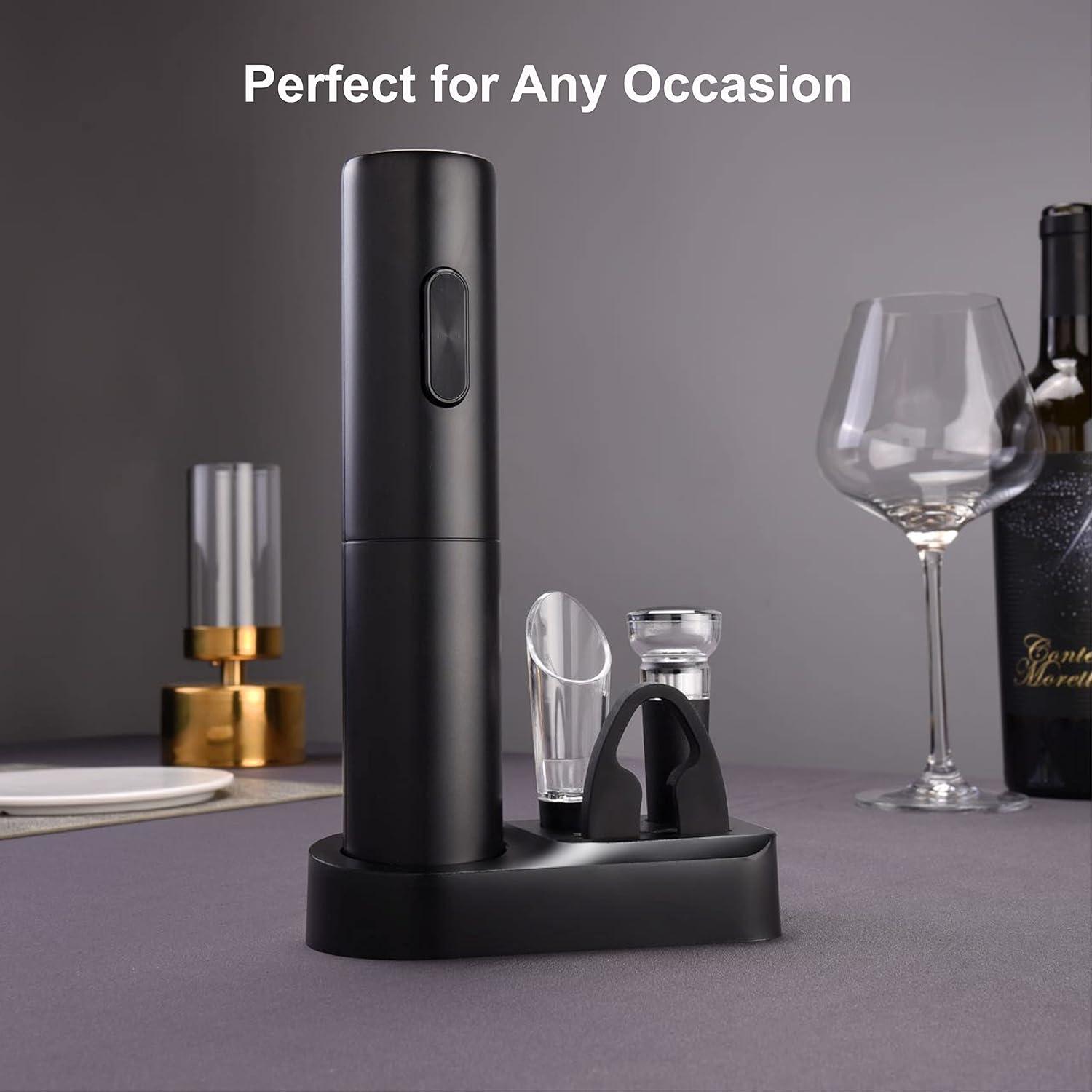 Rechargeable Electric Wine Opener, 5 in 1 set with Automatic Electric Wine Bottle Corkscrew Opener, Foil Cutter, Vacuum Stopper, Wine Pourer and Storage Charging Stand
