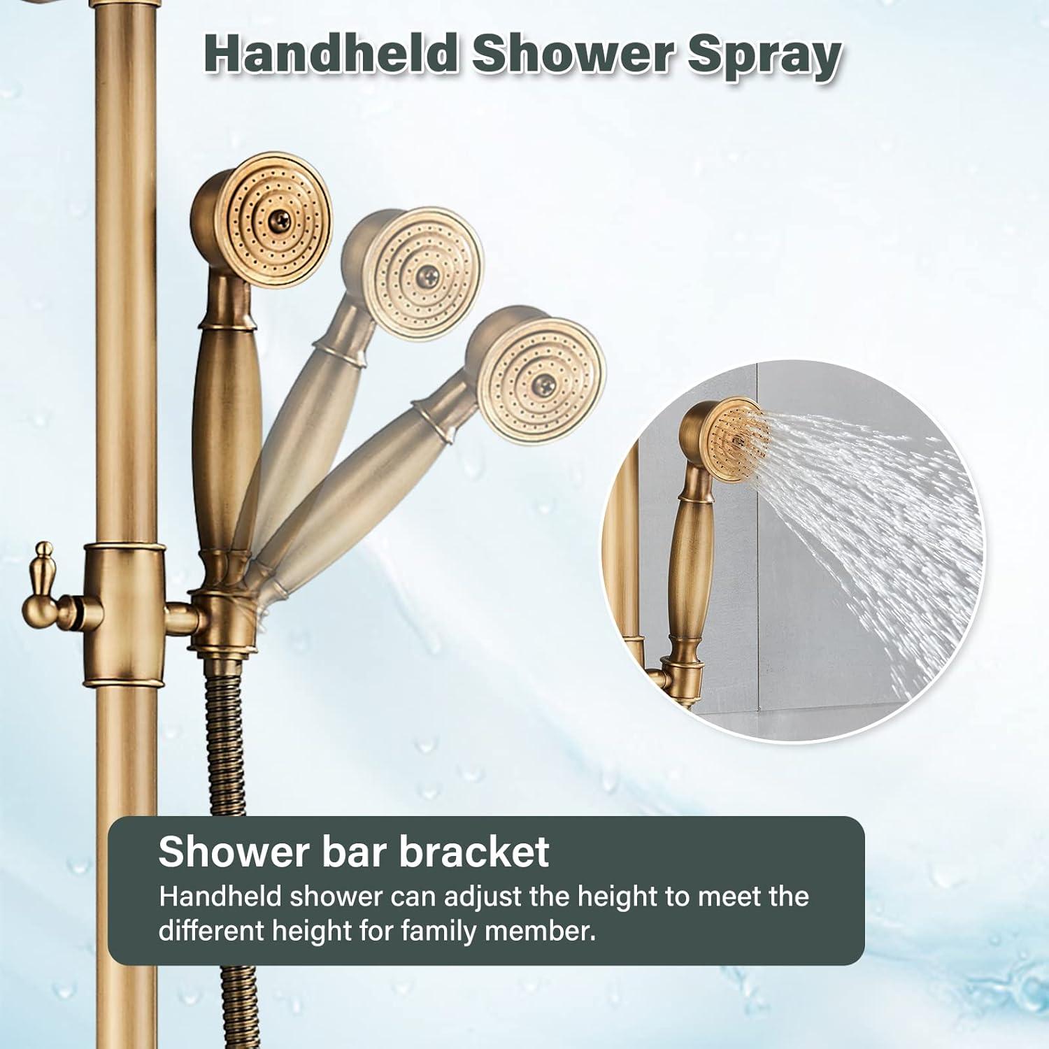 Zovajonia Antique Brass Shower Fixture Set 8" Rain 2 Knobs Shower Faucet Combo System