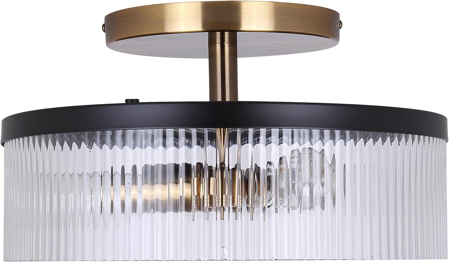 Matte Black and Gold Drum Semi-Flush Mount with Ribbed Glass