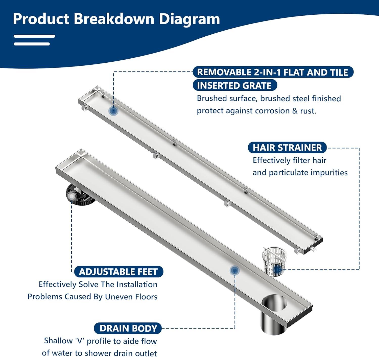 32-Inch Brushed Stainless Steel Linear Shower Drain with Tile Insert