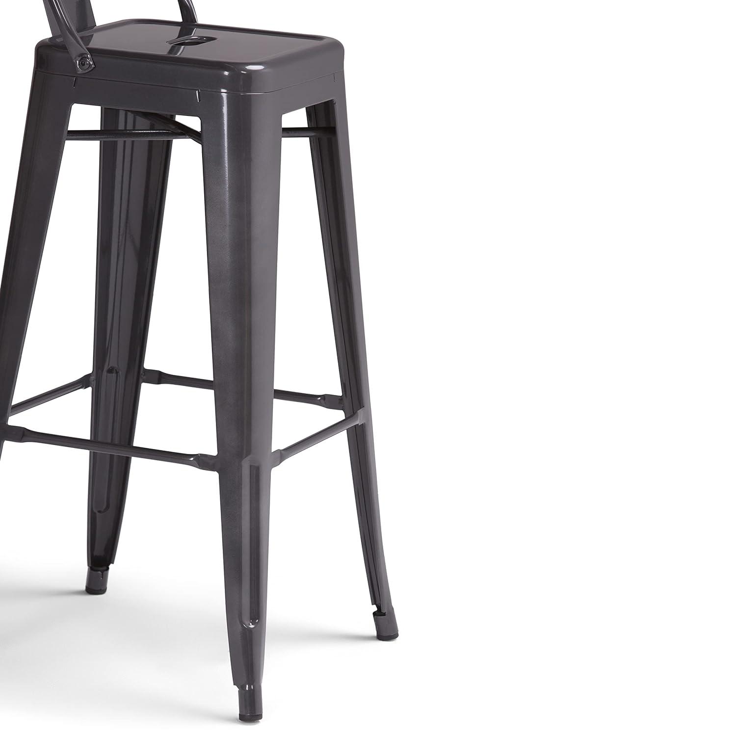Simpli Home Rayne Metal Industrial Stool with Curved Back, Cross-Brace, and Footrest