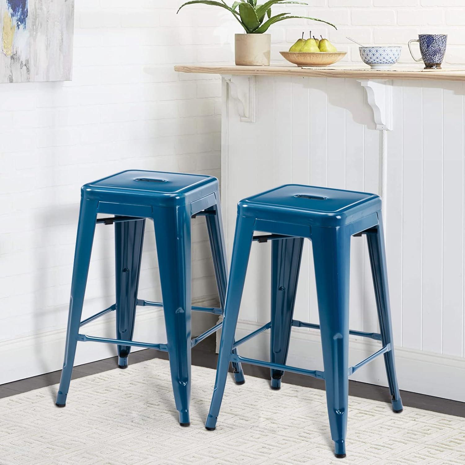 Deep Blue 24-Inch Metal Backless Bar Stools, Set of 2