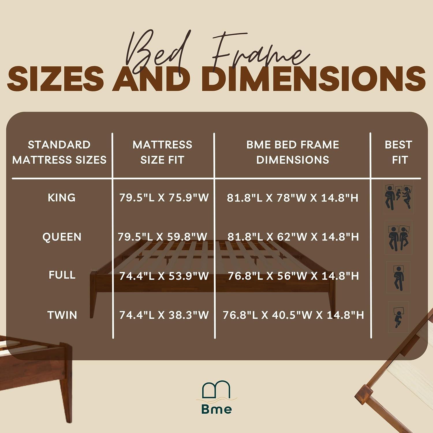 King Size | Dinkee 78x82x15in Signature Bed Frame Without Headboard, Multiple Style, Acacia Wood, Dark Chocolate