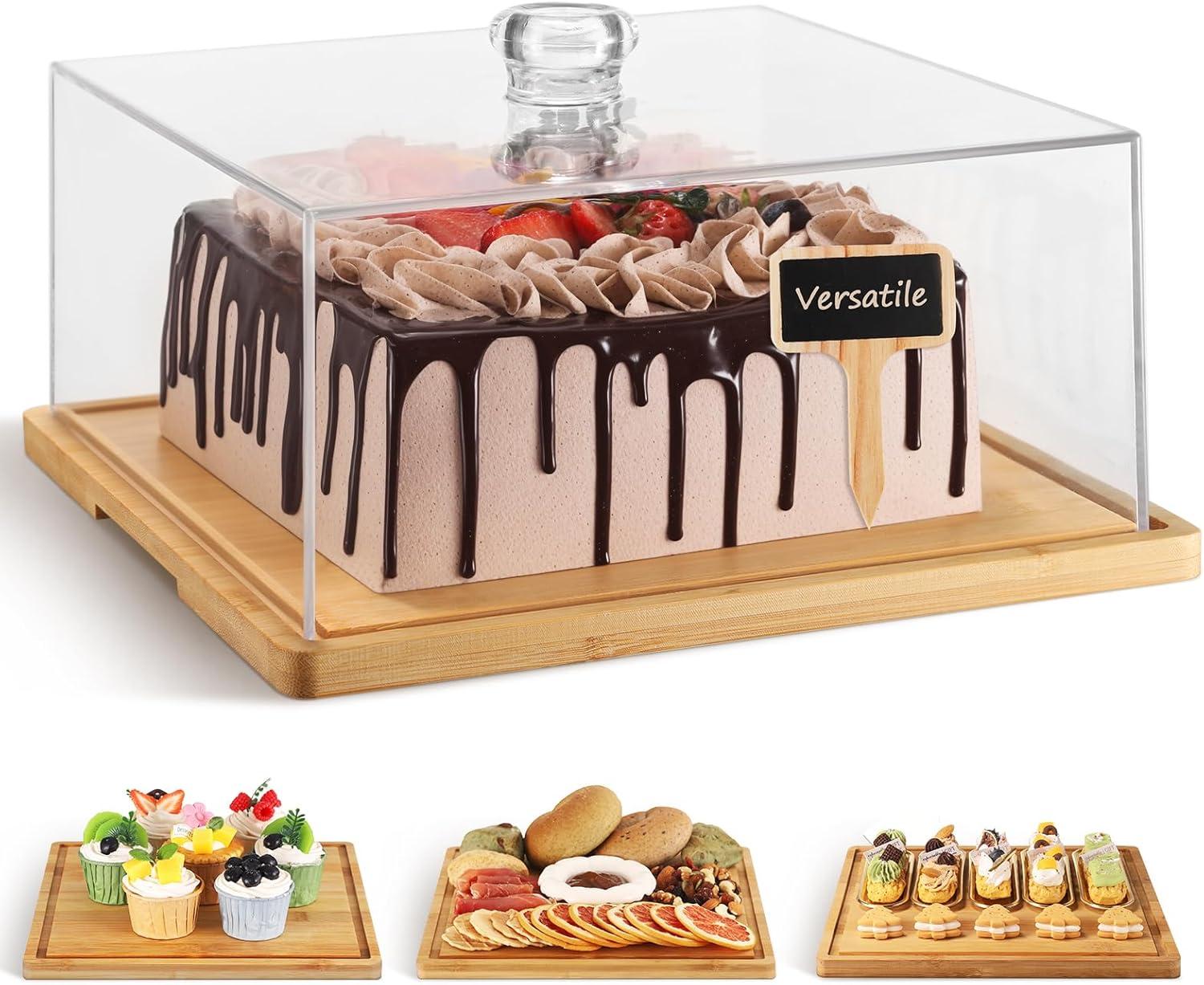 Square Cake Stand with Lid，11in Bamboo Cake Stand with Dome，Dessert Display Stand with Acrylic Cover for Cheese，Pie，Chips & Dips，Serving Platter with Cover for Kitchen/Party/Wedding/Birthday
