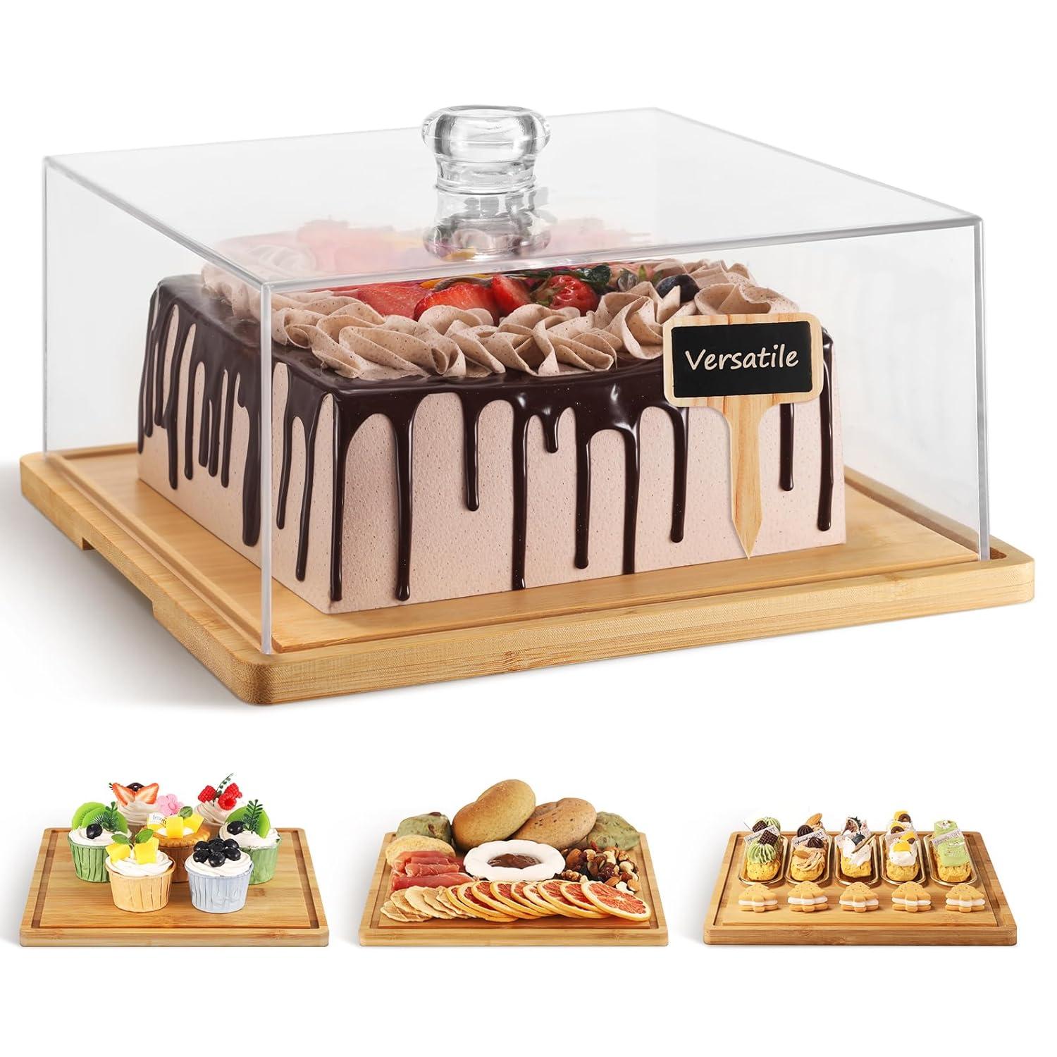 Square Cake Stand with Lid，11in Bamboo Cake Stand with Dome，Dessert Display Stand with Acrylic Cover for Cheese，Pie，Chips & Dips，Serving Platter with Cover for Kitchen/Party/Wedding/Birthday