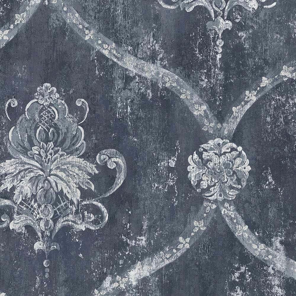 Blue Embossed Damask Pre-pasted Washable Wallpaper