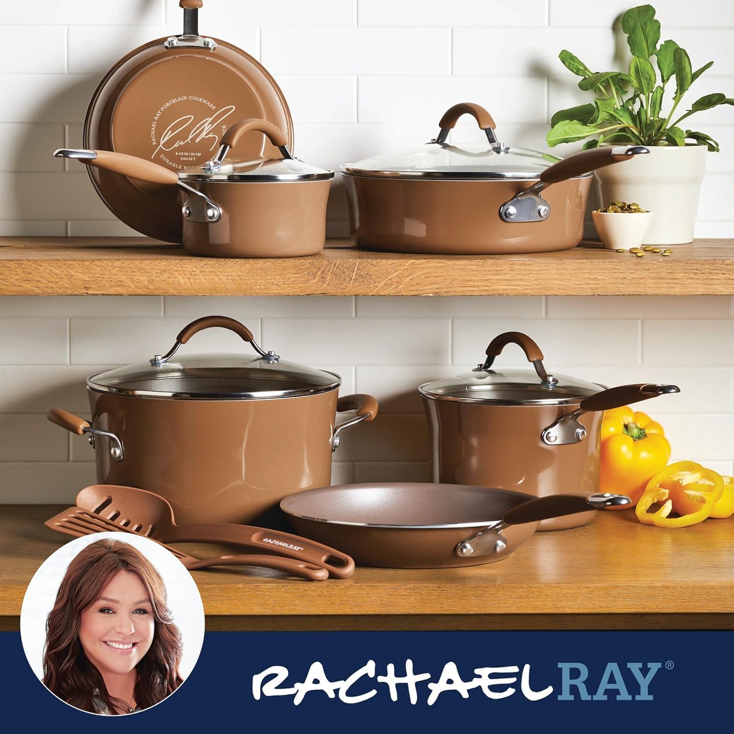 Rachael Ray Cucina Juego de Ollas y Sartenes Antiadherentes, 12 Piezas, Marrón Hongo