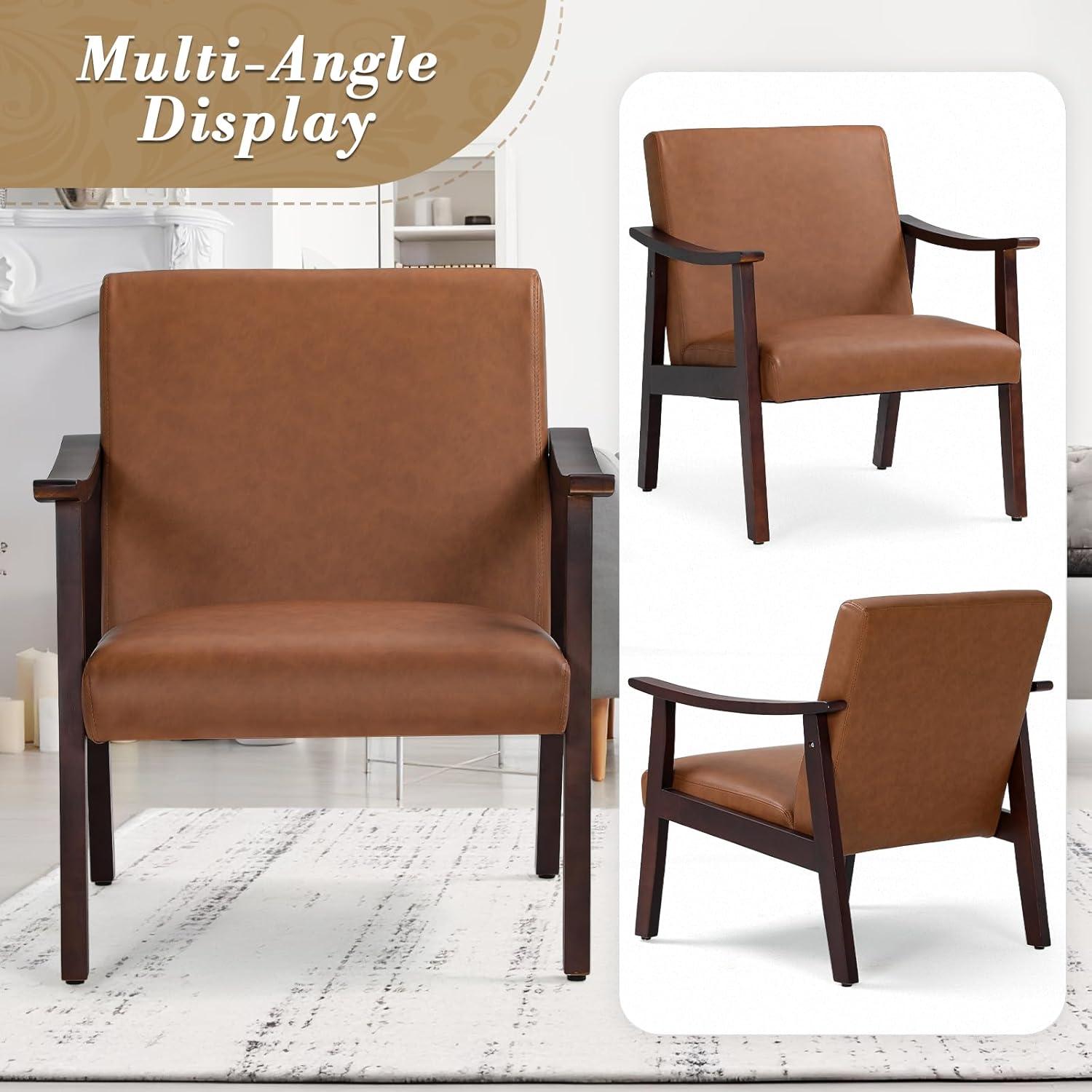 Renwick Mid-Century Modern Faux Leather Accent Chair, Set of 2, Brown