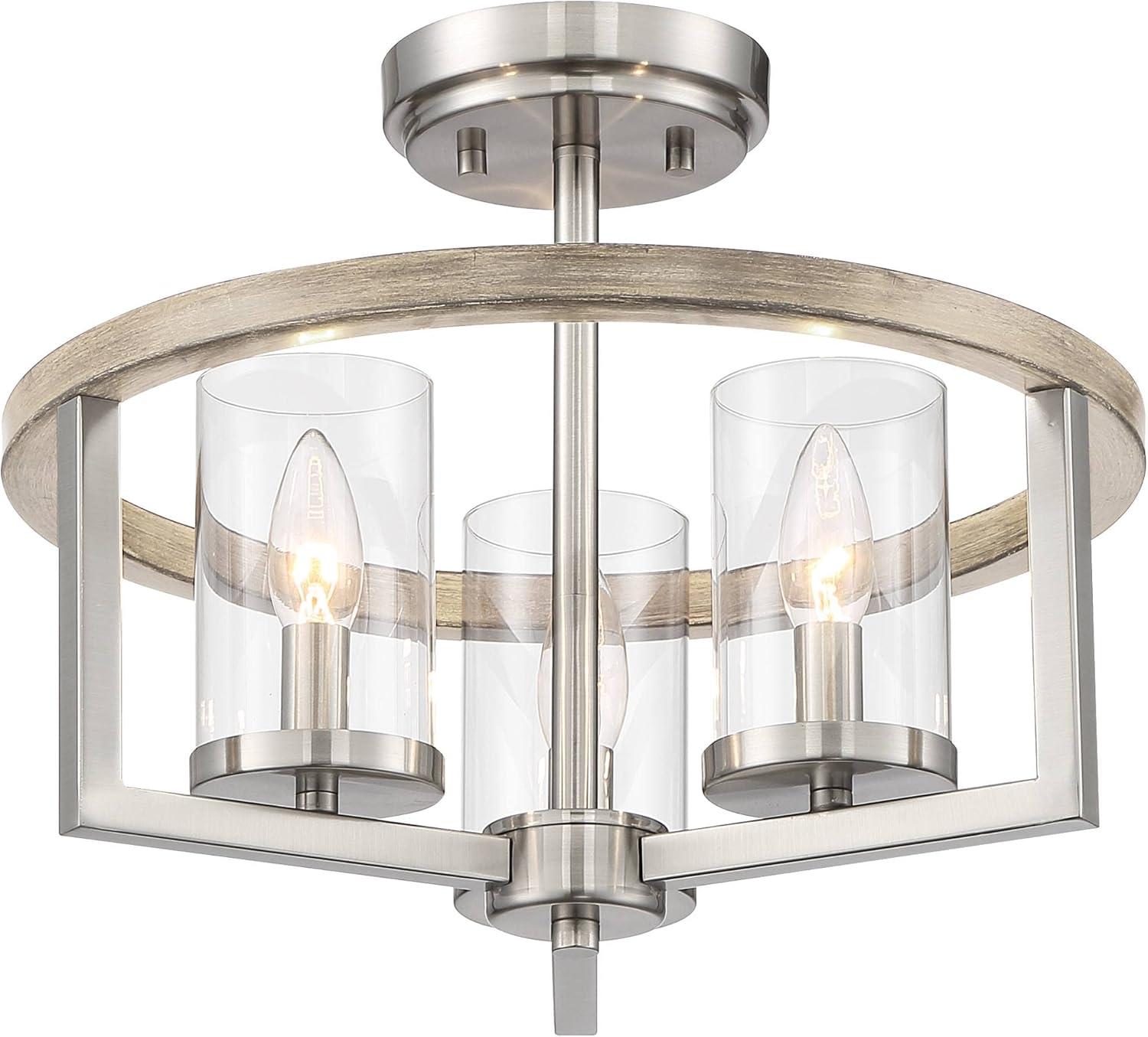 Possini Euro Design Senna Modern Industrial Ceiling Light Semi Flush Mount Fixture 15" Wide Brushed Nickel Gray Wood 3-Light Clear Glass for Bedroom