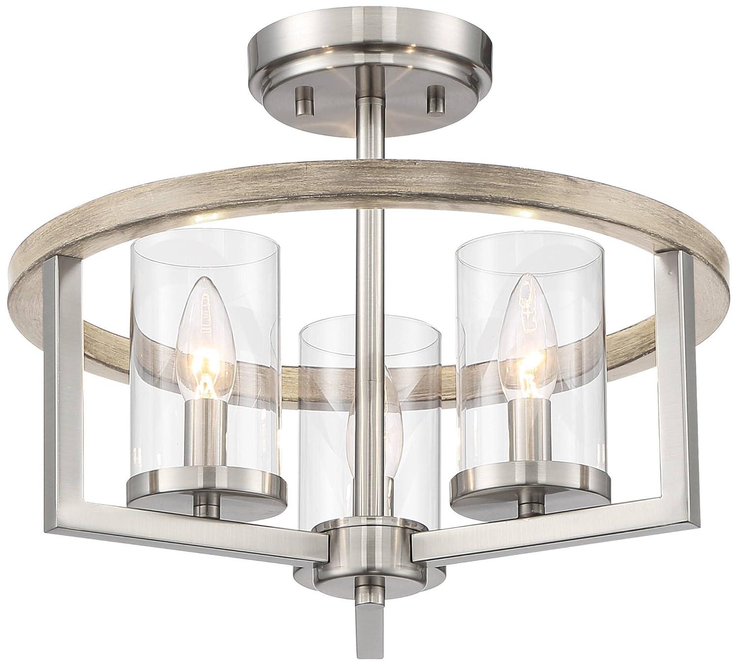 Possini Euro Design Senna Modern Industrial Ceiling Light Semi Flush Mount Fixture 15" Wide Brushed Nickel Gray Wood 3-Light Clear Glass for Bedroom