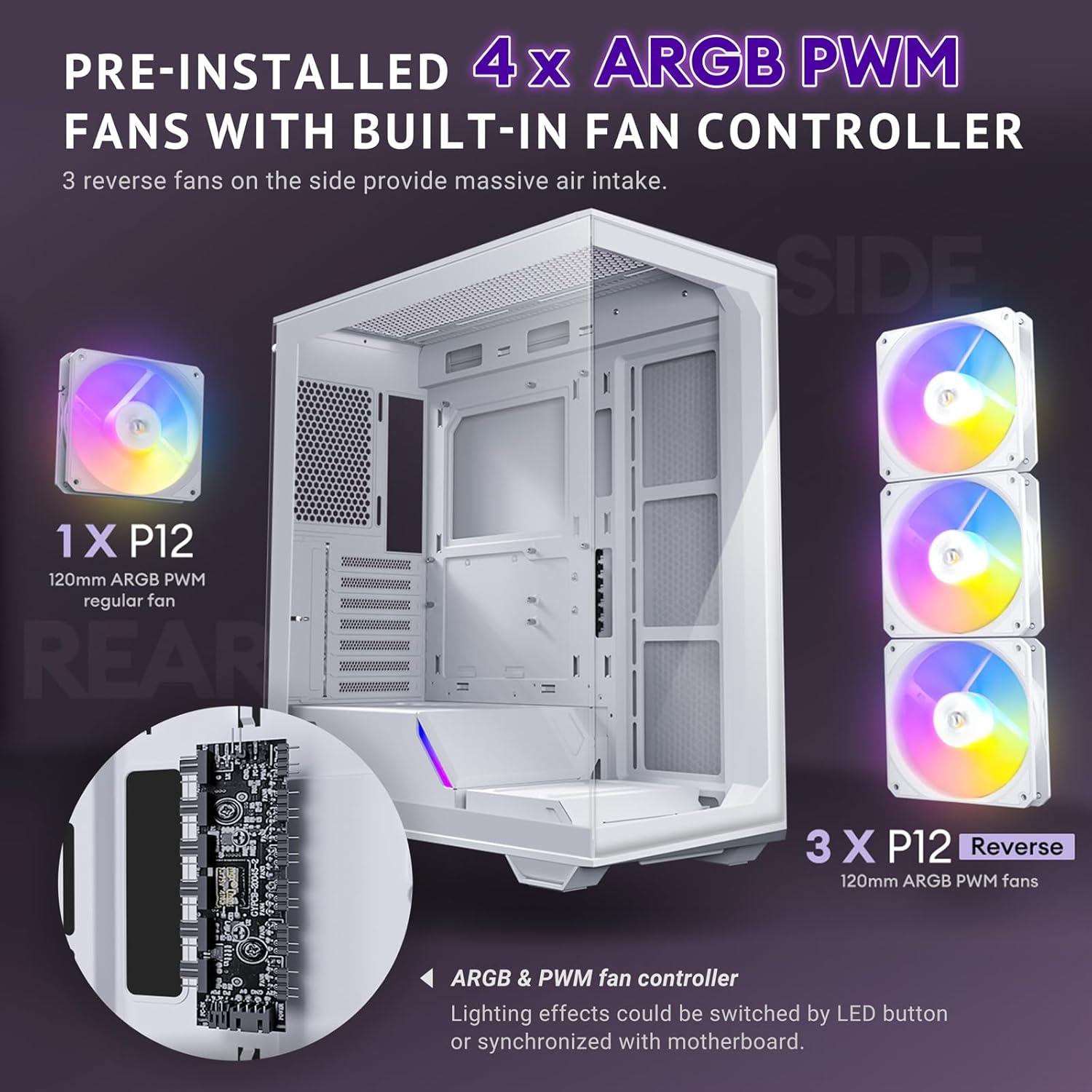 Antec C3 ARGB White, 3 x 120mm & 1 x 120mm ARGB PWM Fans Included, Up to 8 Fans Simultaneously, Type-C 3.2 Gen 2 port, Seamless Tempered Glass Front & Side Panels, 360mm Radiator Support, Mid-Tower AT