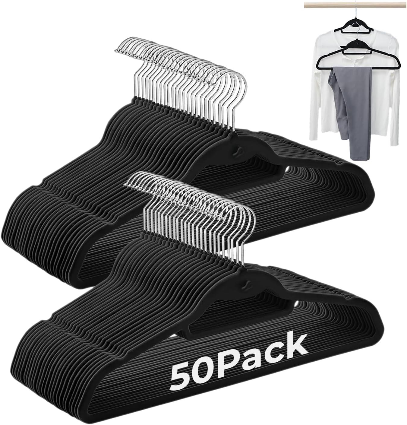Simplify Slim Velvet Clothes Hangers | 50 Pack | Non-Slip | Shirts | Suit | Pants | Dresses | Garments | Closet Storage & Organization | Durable | Black