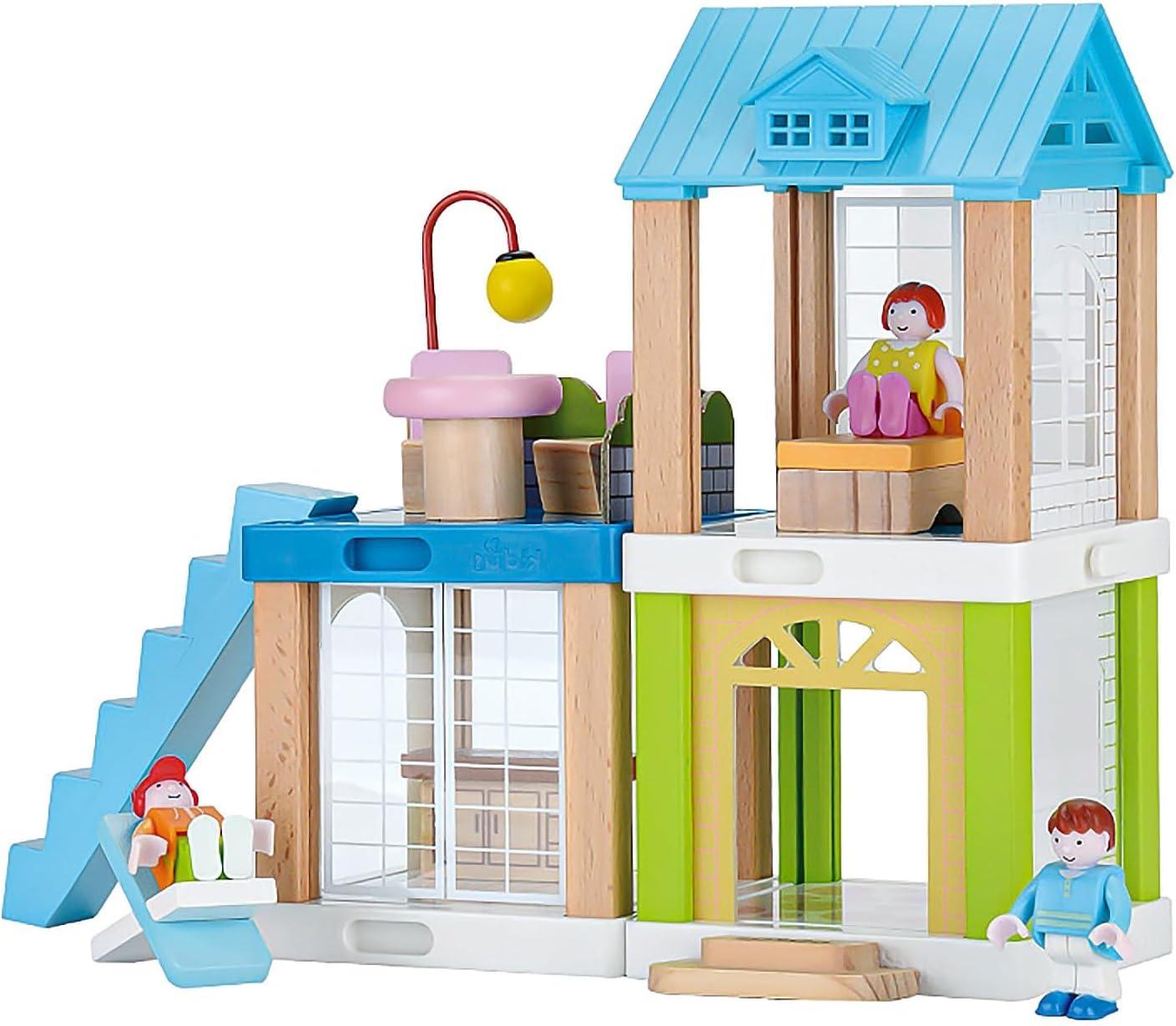 37-Piece Small Wooden Dollhouse, 3-Room DIY Doll House for Toddlers with 3 Movable Dolls, Dollhouse Furniture Accessories, Birthday Building Gift for Kids Ages 3-8 (8.15" L x 4.06" W x 9.17" H)