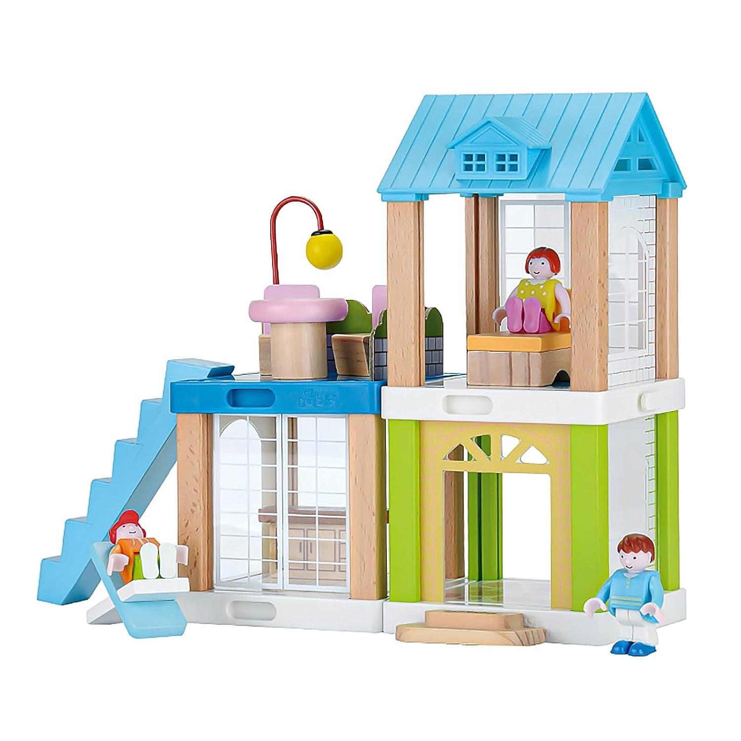 37-Piece Small Wooden Dollhouse, 3-Room DIY Doll House for Toddlers with 3 Movable Dolls, Dollhouse Furniture Accessories, Birthday Building Gift for Kids Ages 3-8 (8.15" L x 4.06" W x 9.17" H)