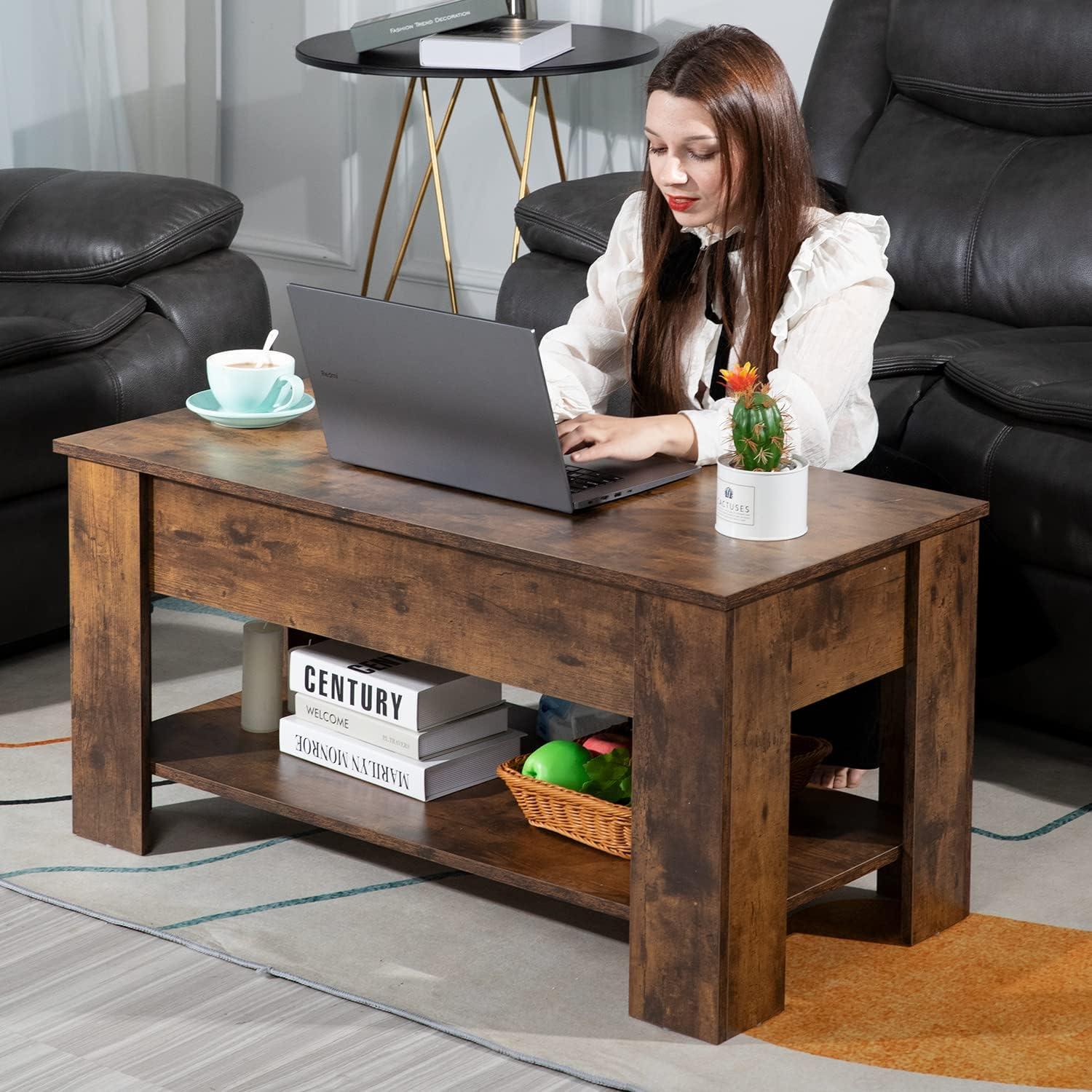 Brown Lift-Top Coffee Table with Storage Shelf