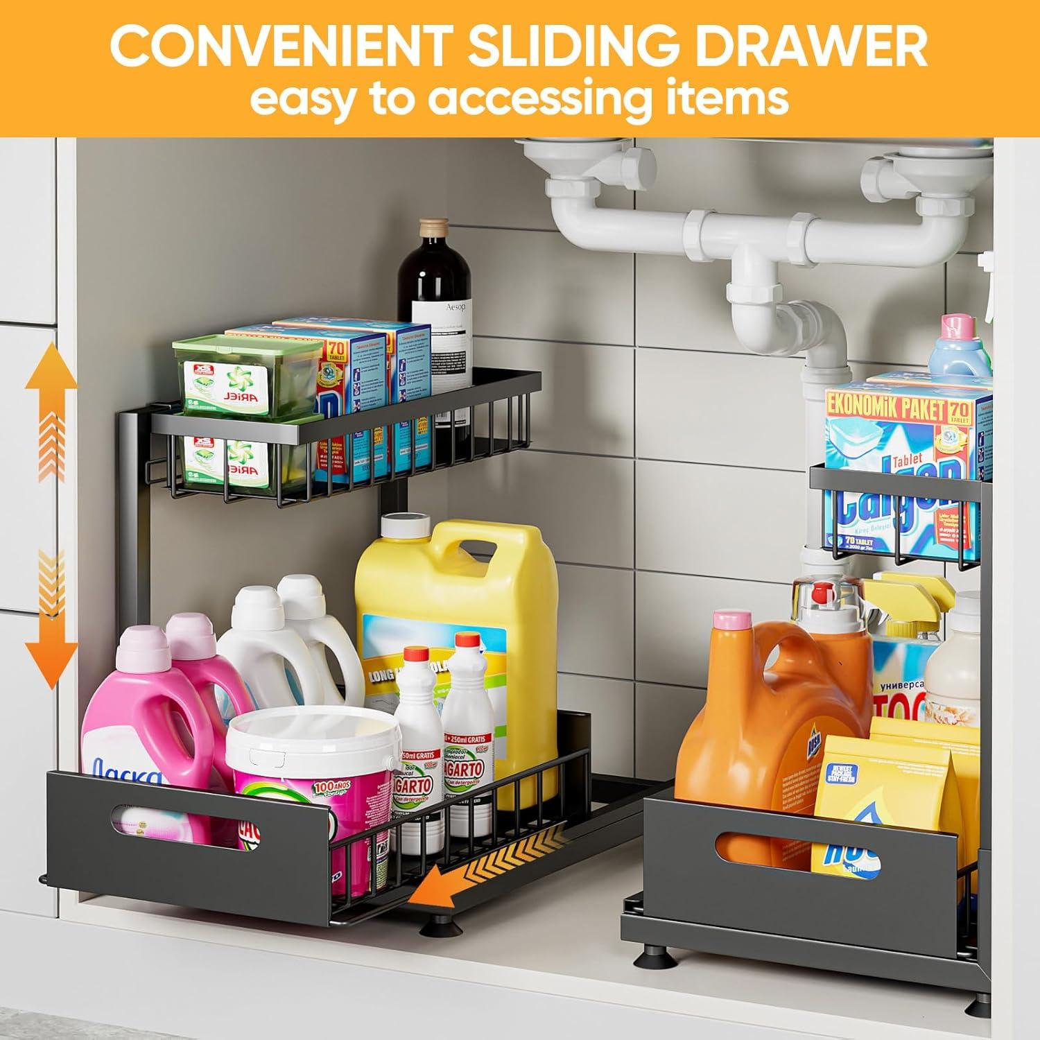 Rebrilliant Under Sink Organizer, 2 Tier Under Sink Organizers And Storage, Metal Slide Out Pull Out Cabinet Organizer ,2 Pack Sliding Drawer Organizer For Kitchen Bathroom Pantry