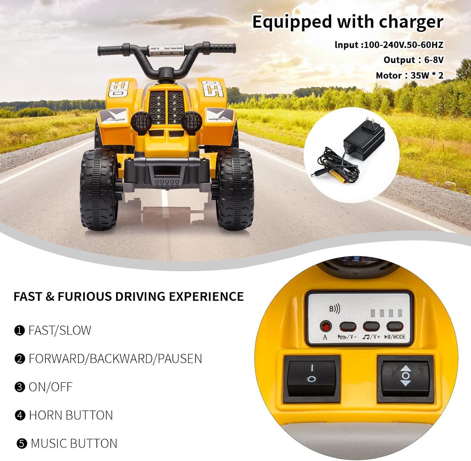 6V 7Ah Powered Ride-on Toy, Electric 4-Wheeler ATV Car w/ Horn, Music Player, Headlight for Kids