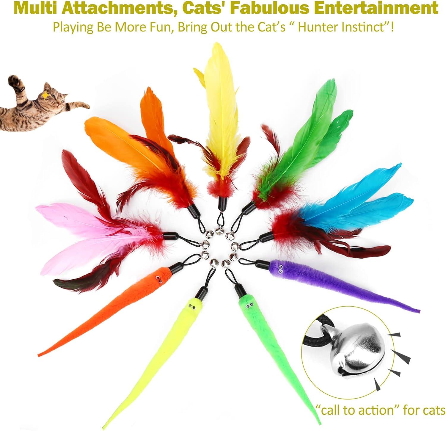 Cat Feather Toy, Retractable Cat Toys Wand 2 Wands & 9 Assorted Teaser Refills, Interactive Feather Teaser Wand Toy Bell Kitt