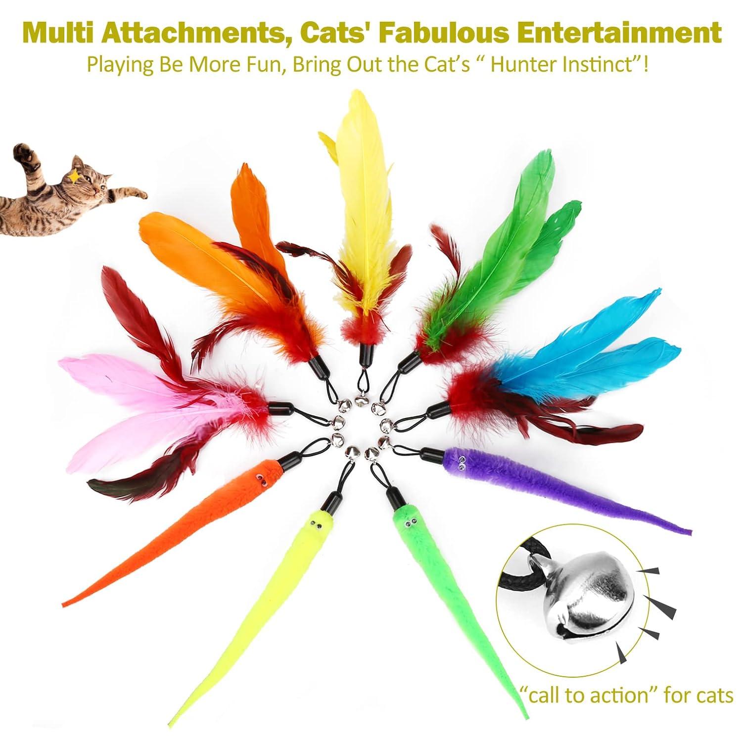 Cat Feather Toy, Retractable Cat Toys Wand 2 Wands & 9 Assorted Teaser Refills, Interactive Feather Teaser Wand Toy Bell Kitt