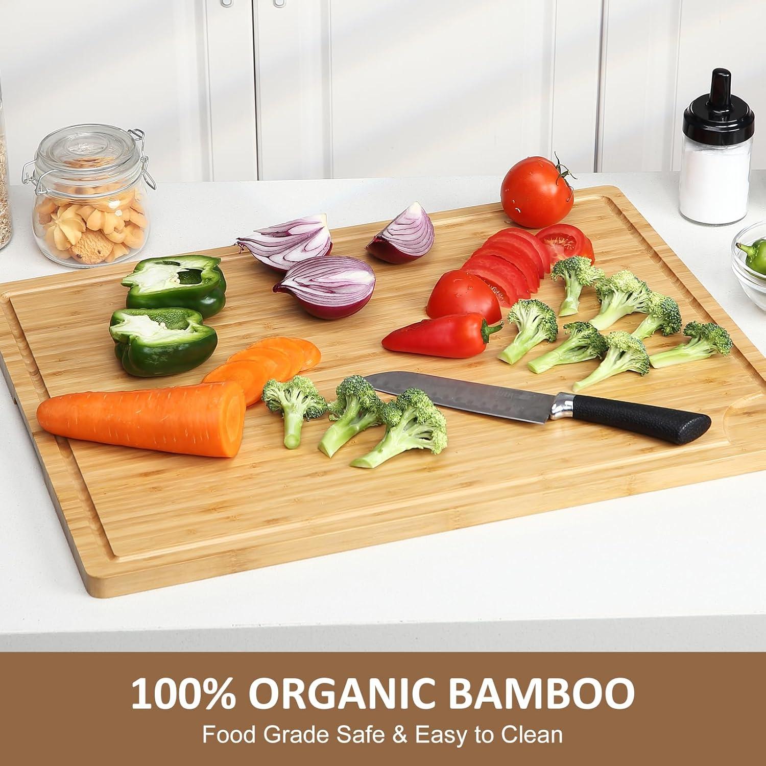 2024 New 24 Inch Extra Large Bamboo Cutting Board for Kitchen, Heavy Duty Wood Kitchen Stovetop Cover Chopping Board with Side Handles and Groove, 100% Organic Bamboo