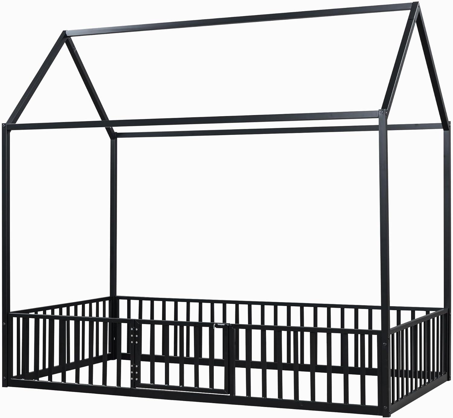 Full Floor Bed with Door and Fence, Metal Montessori Bed Full Size, Kids Montessori Floor Bed with Roof/House for Kids, Girls, Boys, White