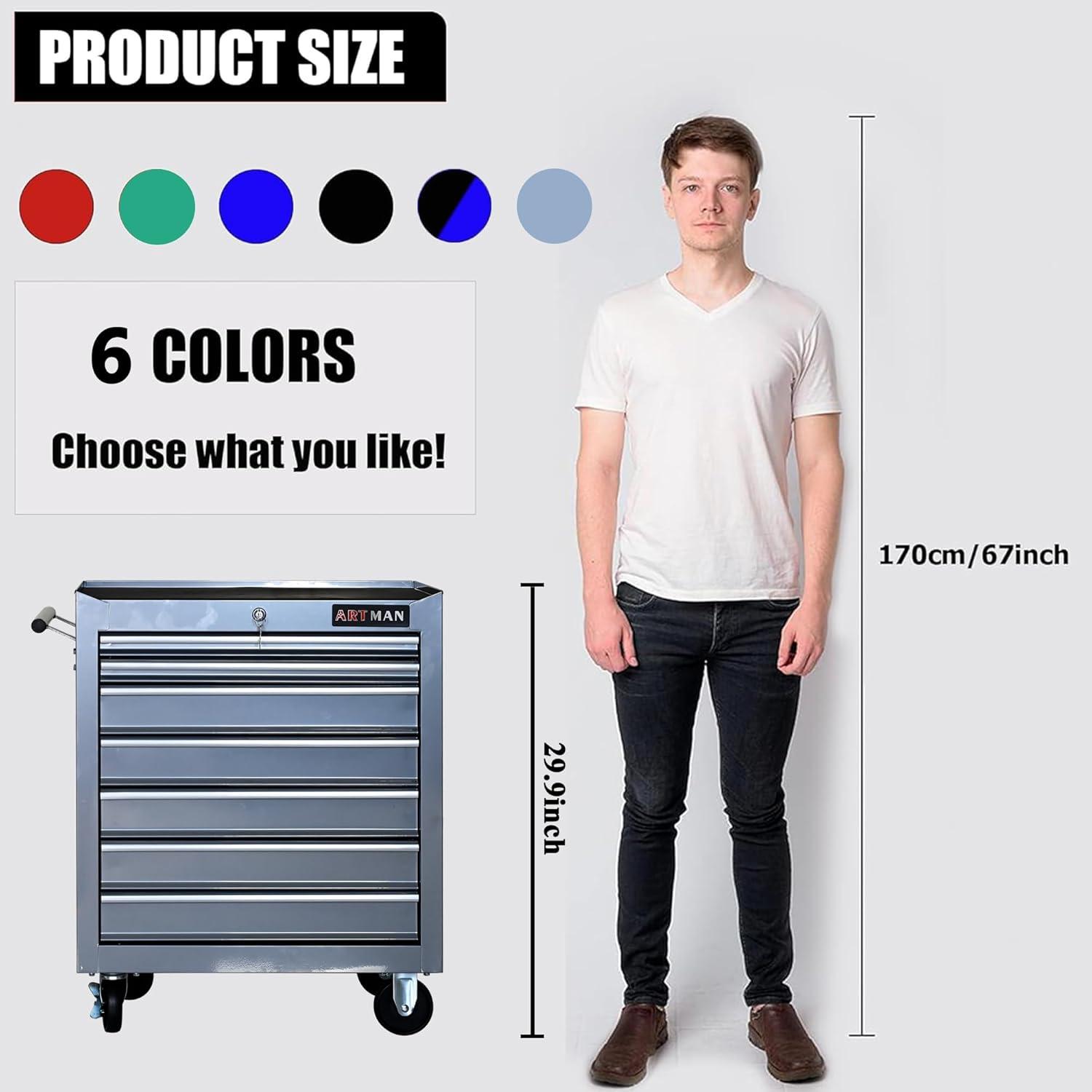 7 Drawers Tool Cart on Wheels,Multifunctional Rolling Tool Chest Tool Storage,Drawers Rolling Tool Trolley Organizer Tool Case for Garage, Warehouse, Workshop, Repair Shop (Silver)