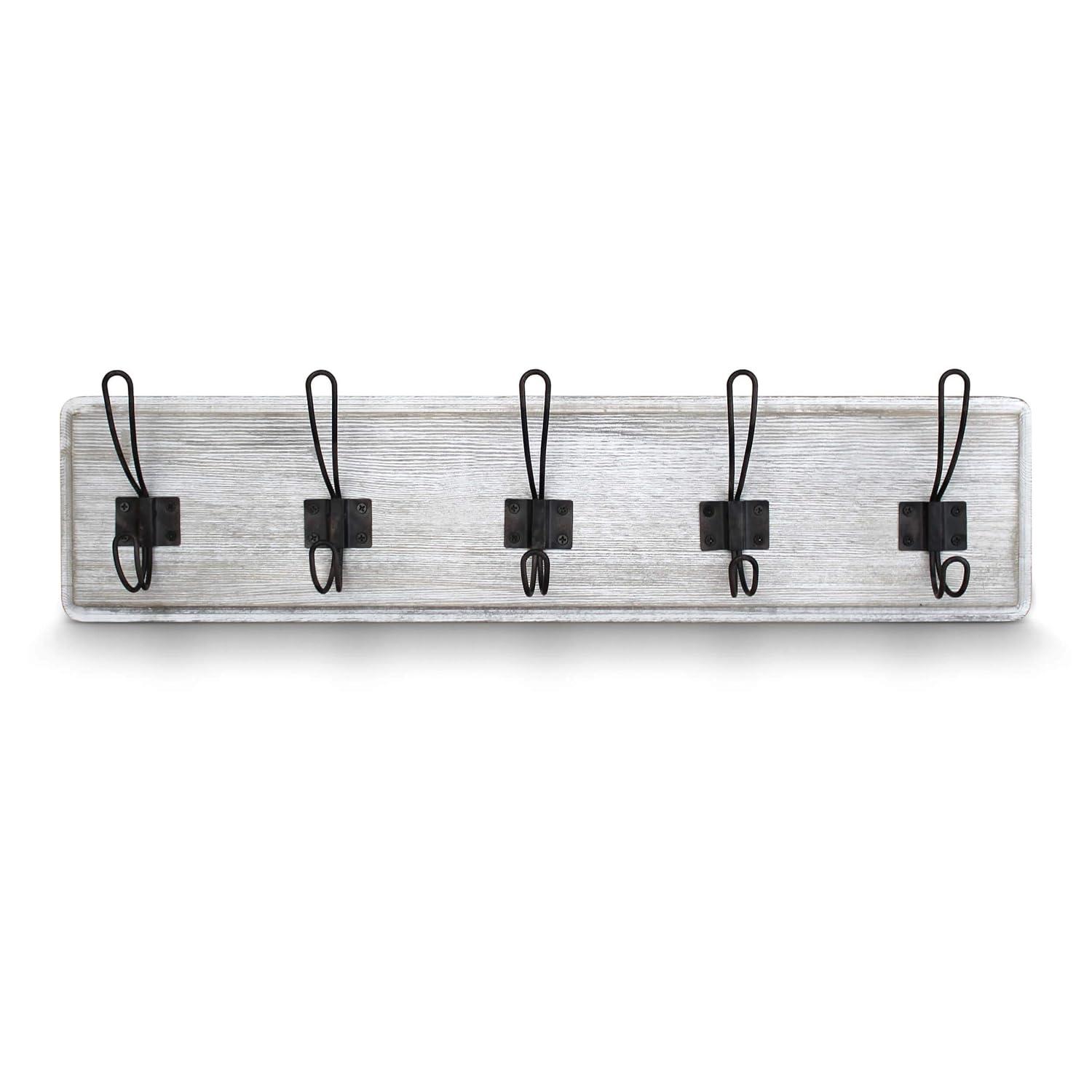 HBCY Creations Rustic Coat Rack with 5 Hooks - White Wash Wall Mount 24" Coat Rack - Solid Pine Wood Entryway Hanger - Farmhouse Coat Rack for Kitchen, Bedroom