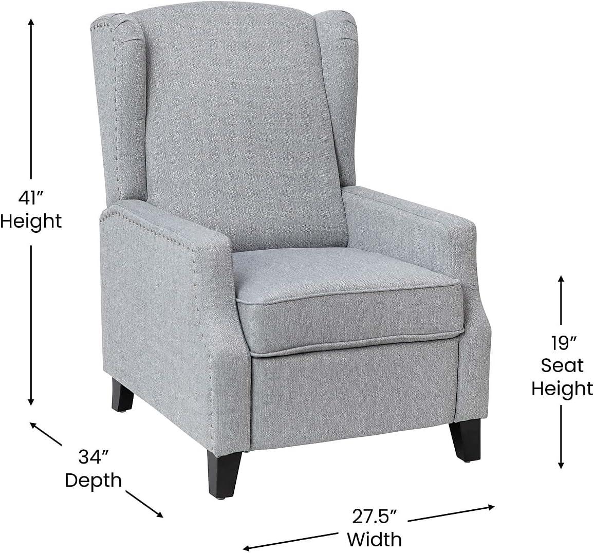 Modern Slim Silhouette Gray Recliner with Metal Nailhead Trim