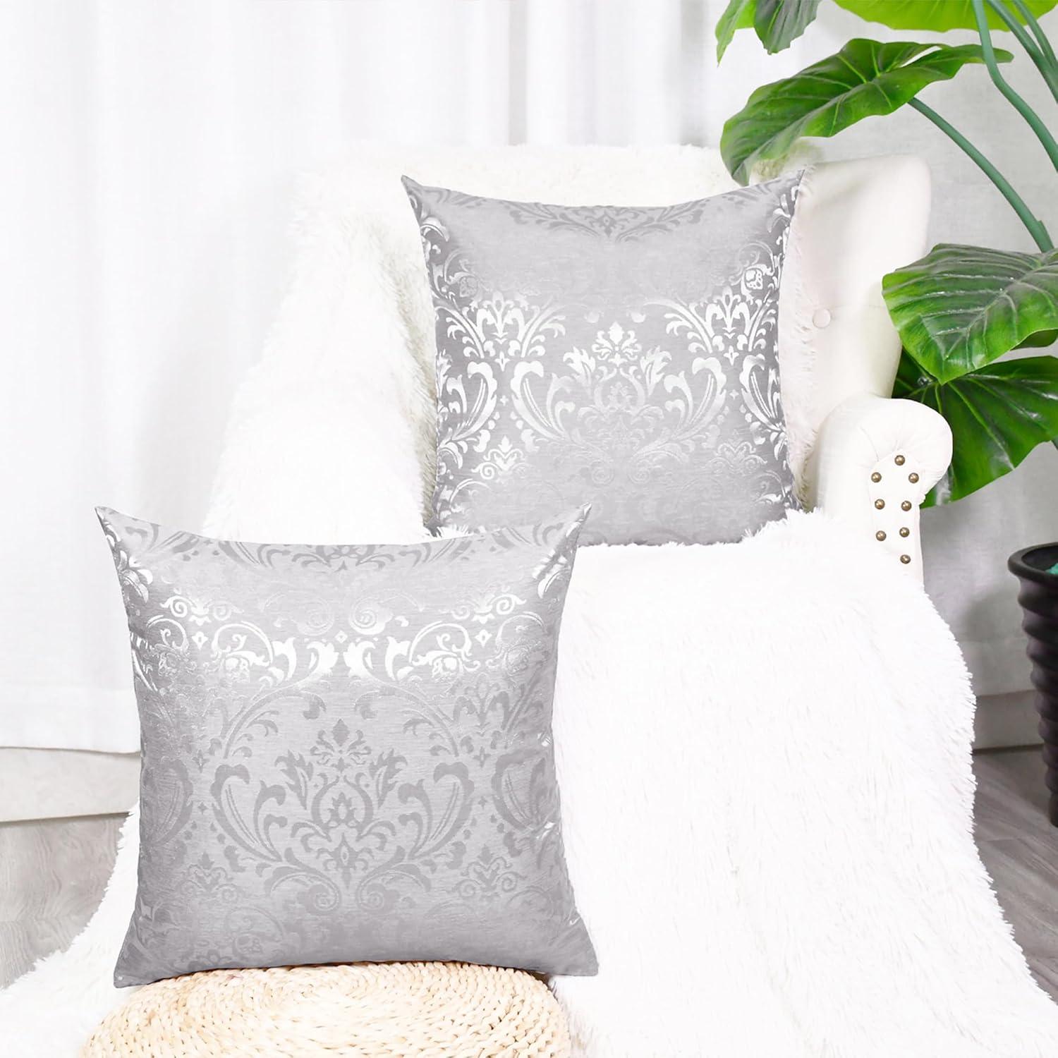 Pack of 2 Throw Pillow Covers Cases for Couch Sofa Home Decoration Vintage Damask Floral Shining & Dull Contrast 18 X 18 Inches Silver Gray