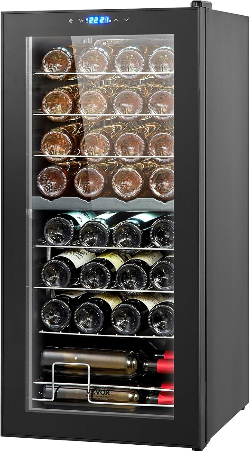 32-Bottle Black Dual Zone Freestanding Wine Cooler with Glass Door