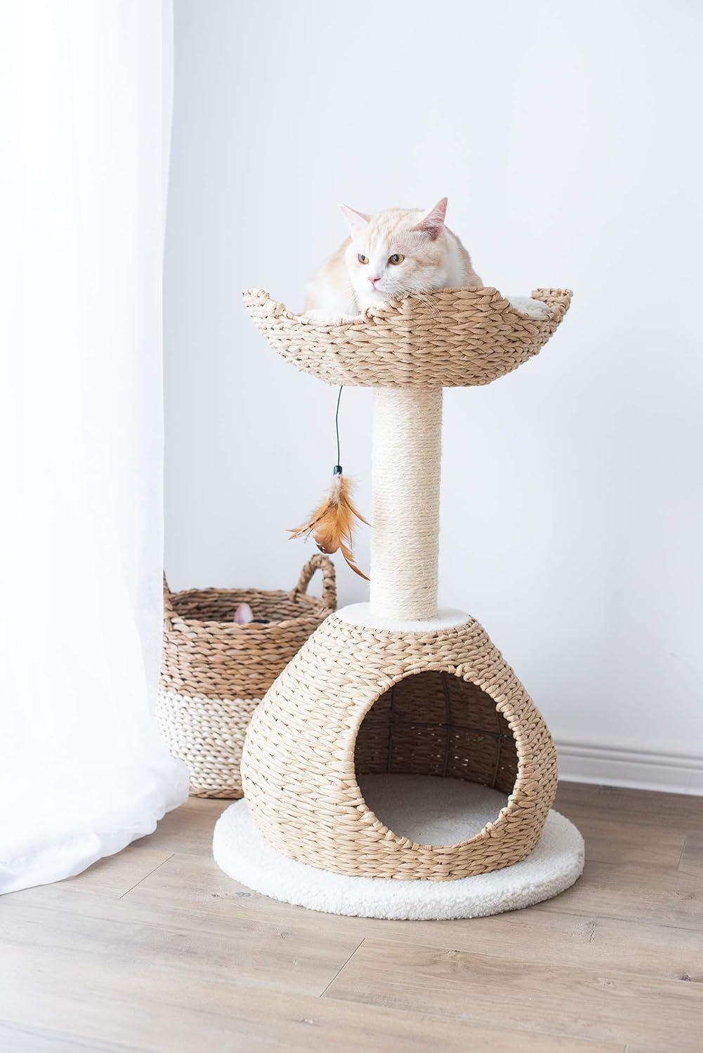 PetPals PetPals Walk Up Cat Tree with Fleece Perch, Handwoven Basket, and Sisal Scratching Post, Eco-Friendly Cat Furniture, Beige