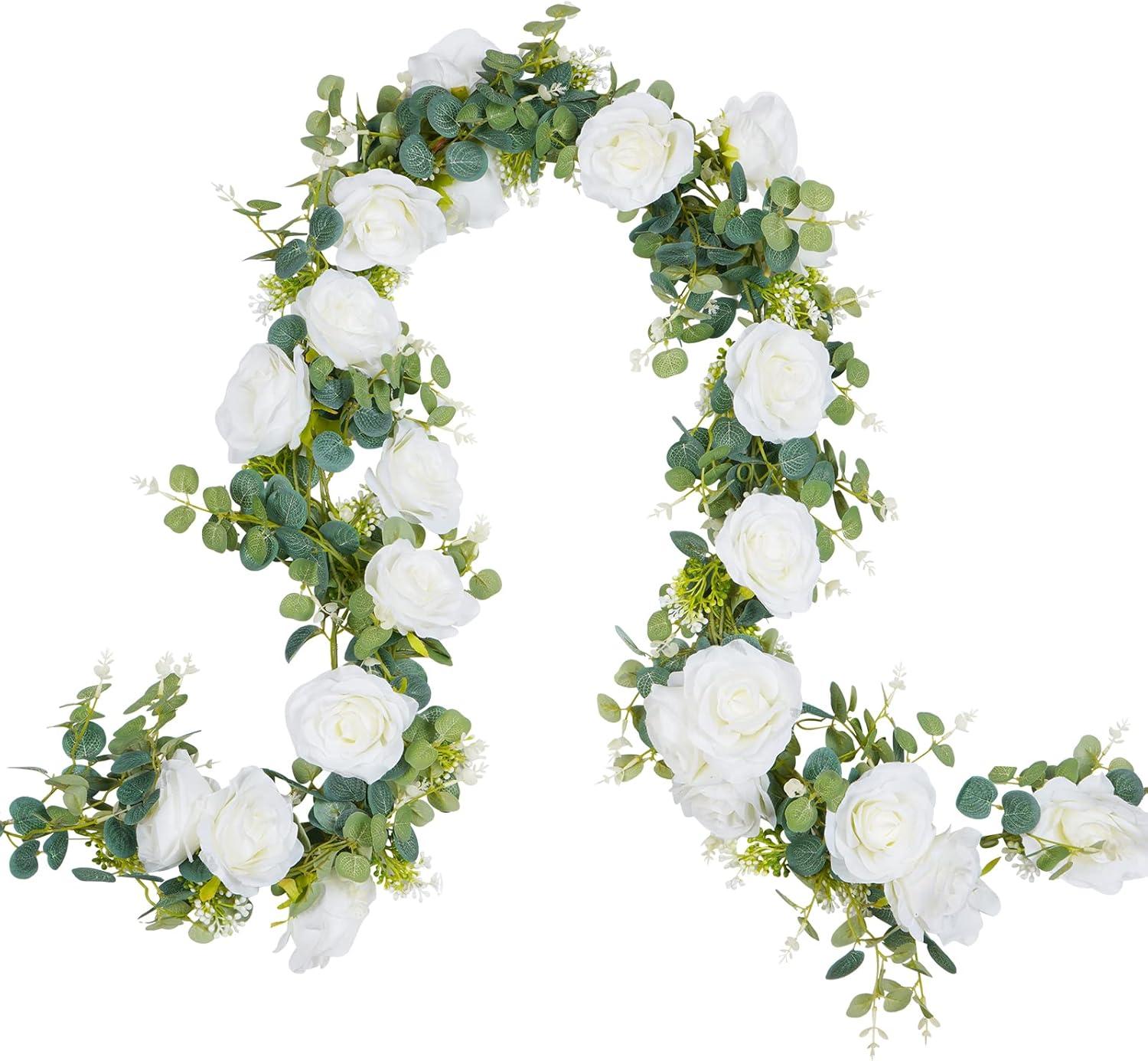 13Ft White Rose and Eucalyptus Artificial Garland Set