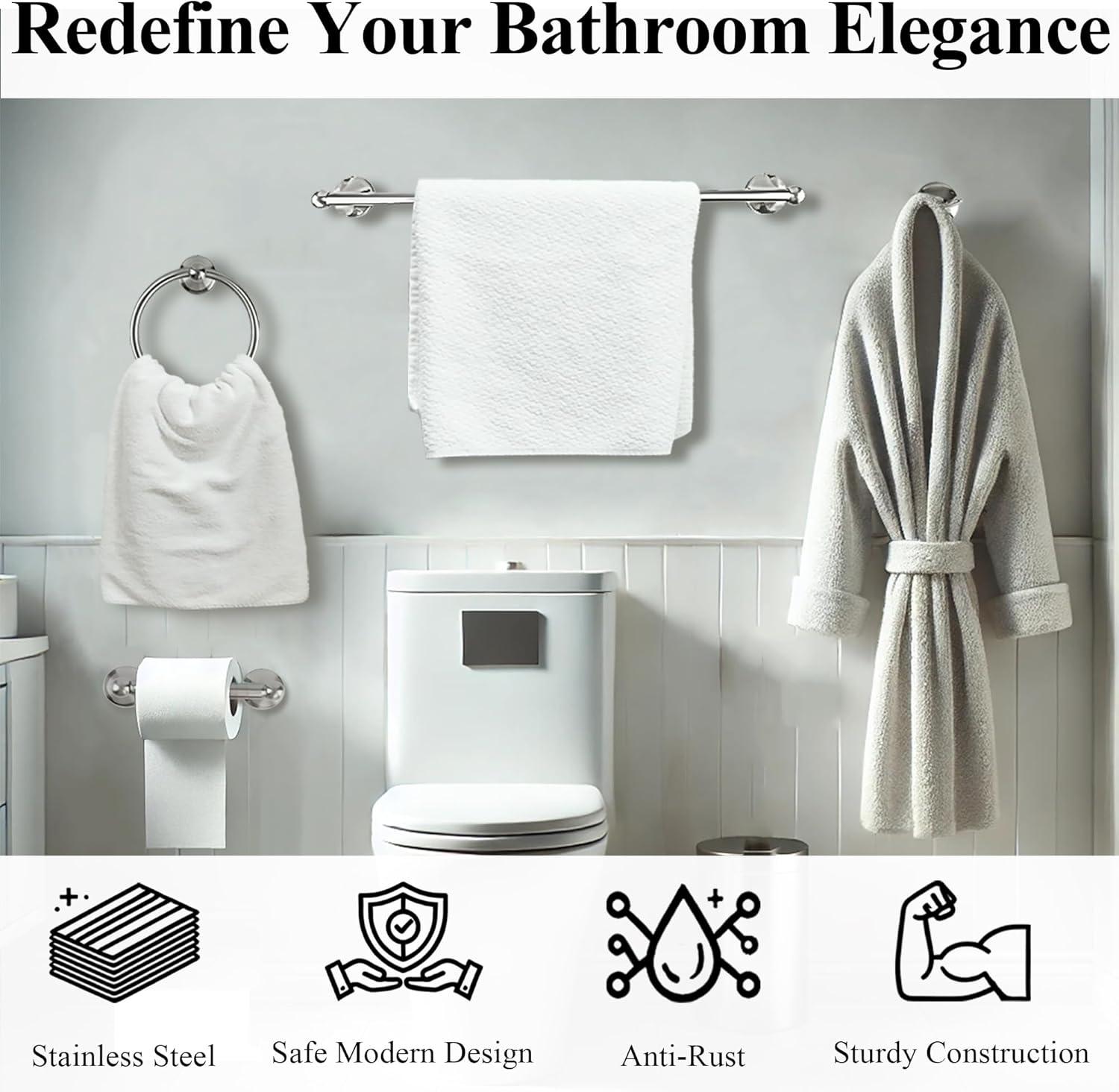 Bathroom Hardware Set with Towel Rings for Bathroom Wall – 4 Piece Bathroom Towel Holder Set – Brushed Nickel Towel Hook Set – Stainless Steel Brushed Nickel Towel Bar Set – Bathroom Towel Bar Set