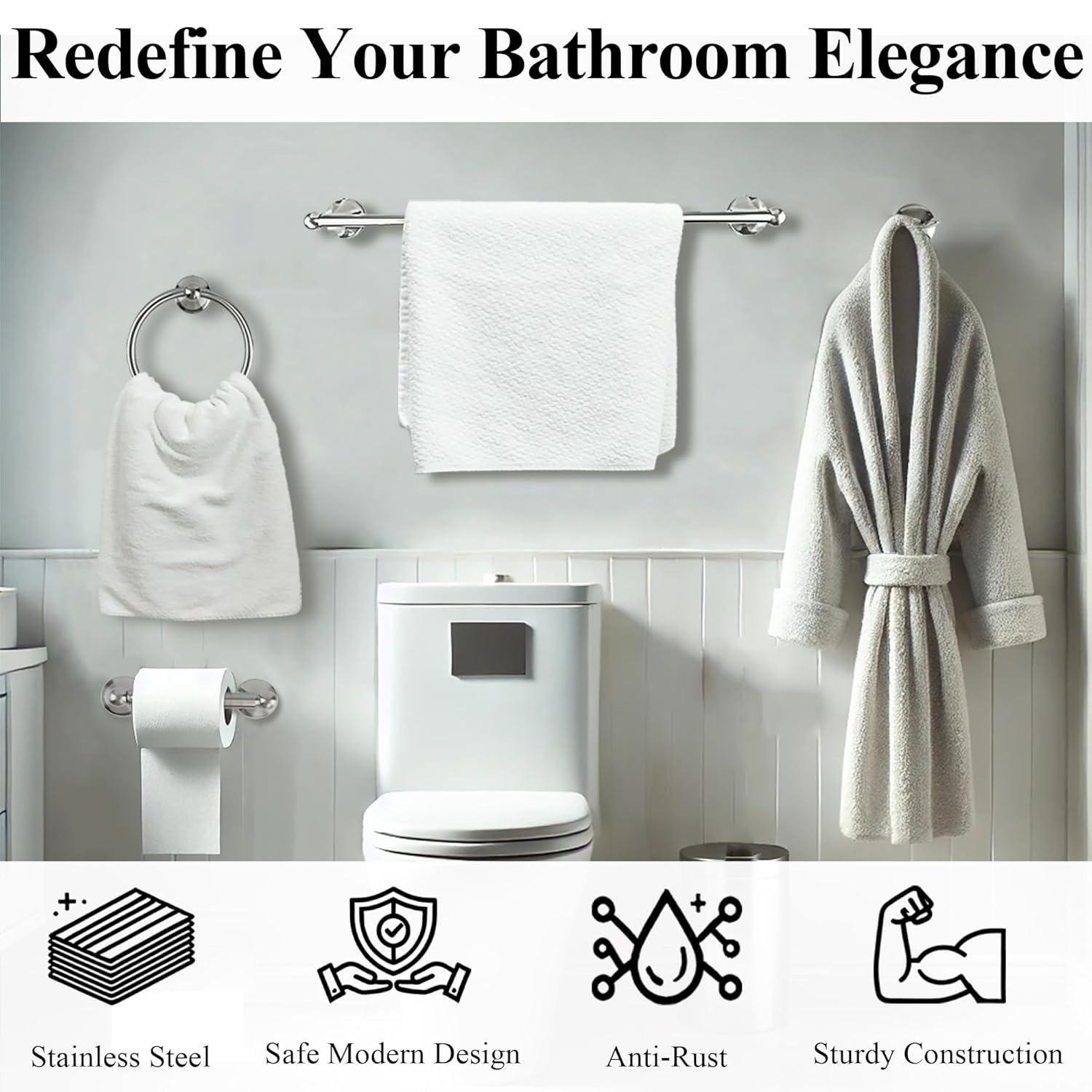 Bathroom Hardware Set with Towel Rings for Bathroom Wall – 4 Piece Bathroom Towel Holder Set – Brushed Nickel Towel Hook Set – Stainless Steel Brushed Nickel Towel Bar Set – Bathroom Towel Bar Set