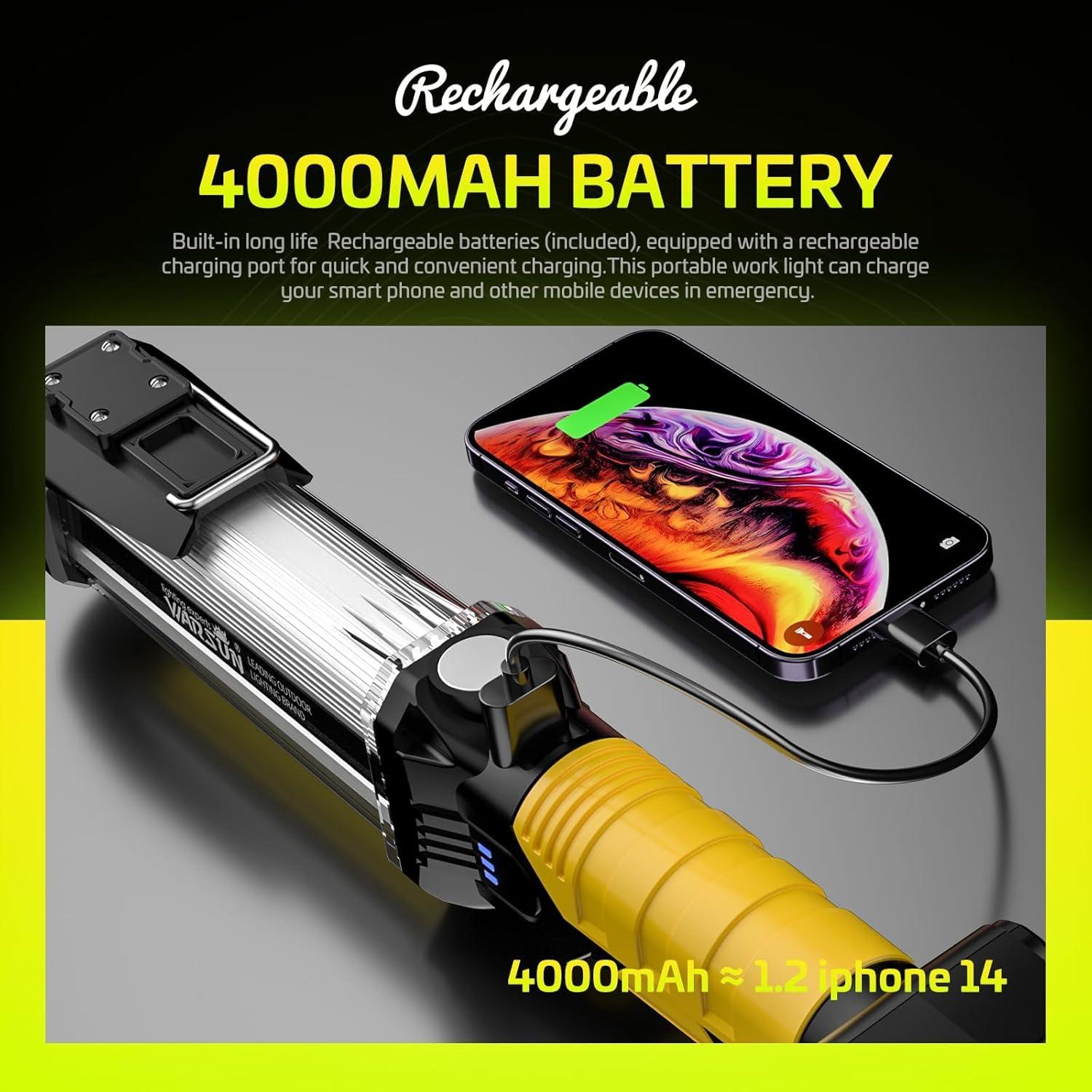 WARSUN Work Light Rechargeable LED 1500 Lumens Super Bright COB Portable Work Lights Magnetic Base and Hook Work Flashlight for Car Repair Machine Emergency, Father Day Tool Gifts for Men Dad, Yellow