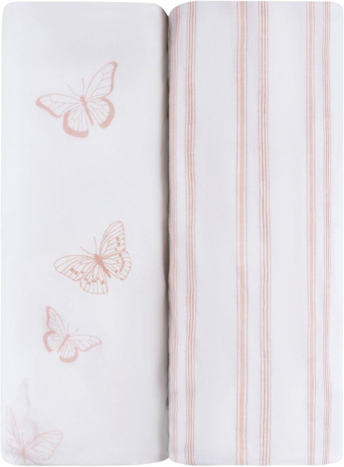 Pink Butterfly and Striped Cotton Jersey Bassinet Sheet Set