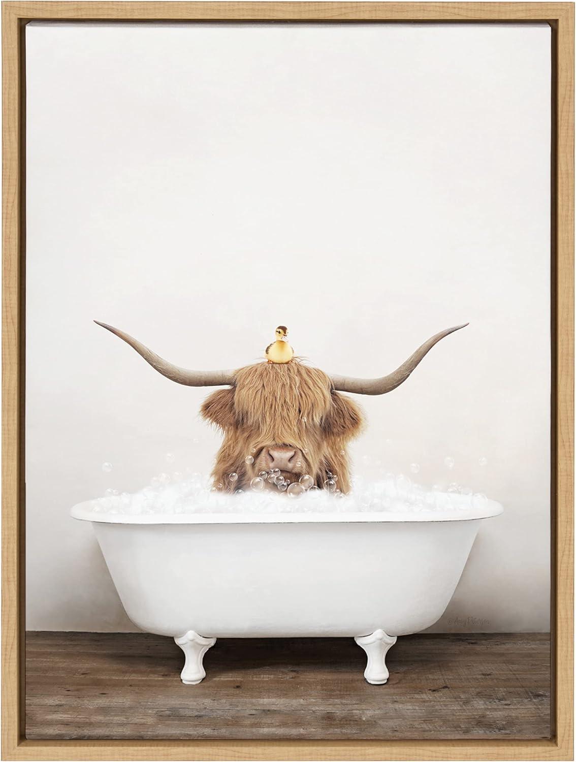 18" x 24" Sylvie Highland Cow Duckling Bath Framed Canvas by Amy Peterson - Kate & Laurel All Things Decor