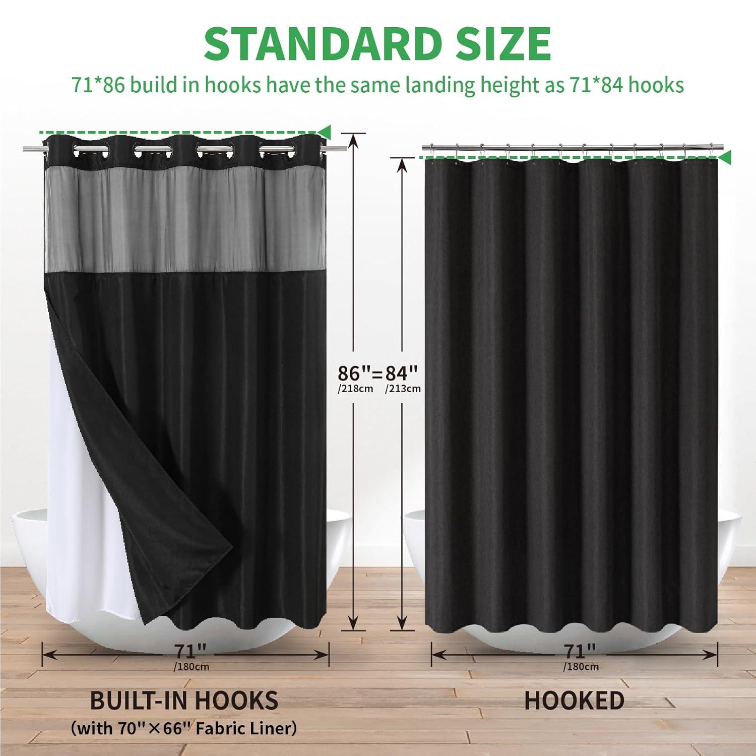 No Hooks Needed Linen Textured Shower Curtain with Snap-in Fabric Liner Set,with Mesh Top Window