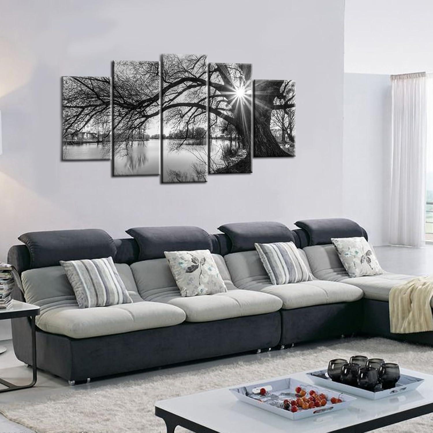 5 Pieces Wall Art Old Tree by Lake Picture Canvas Prints Sunrise Painting Black and White Landscape Canvas Art Modern Wall Decoration Framed and Ready to Hang