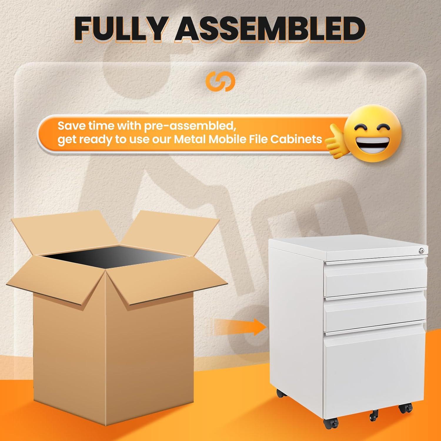 3 Drawer Mobile File Cabinet with Lock, Rolling File Cabinets for Home Office, Under Desk Small File Caninet on wheels, Metal Vertical White Filing Cabnet for Legal/Letter/A4 - Assembly Required