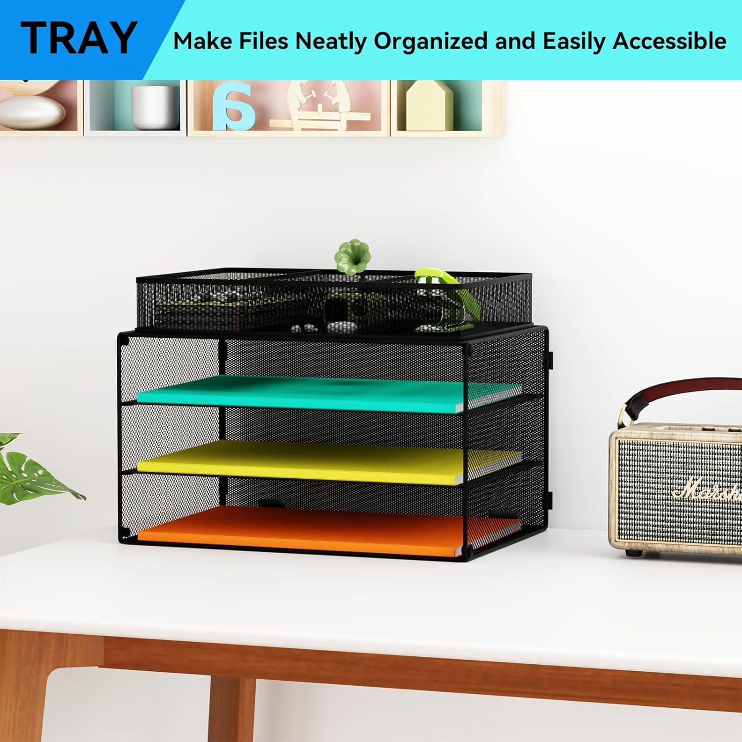 Paper Letter Tray Organizer, 3 Tier Mesh File Tray Desktop Paper Sorter with Drawer, Black