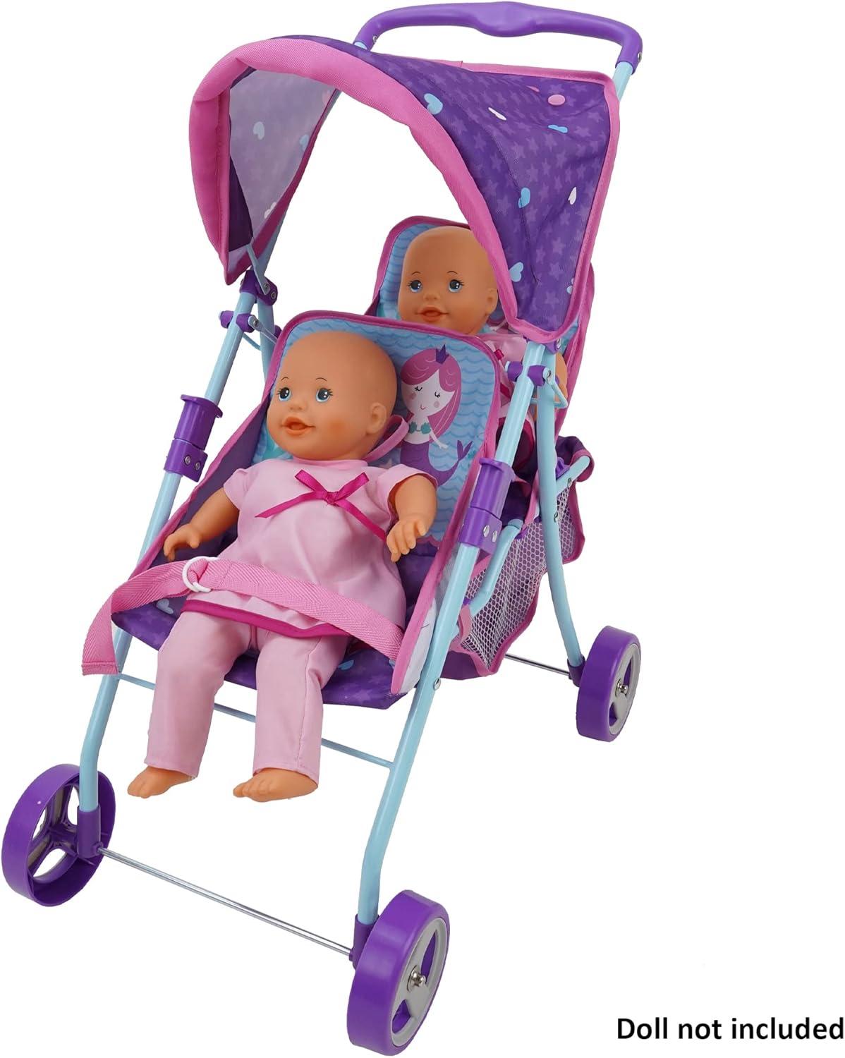 509: Mermaid Twin Doll Stroller W/ Retractable Canopy, 2 Seats
