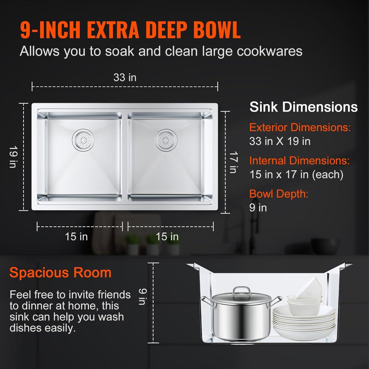 33'' Stainless Steel Double Bowl Drop-In Kitchen Sink