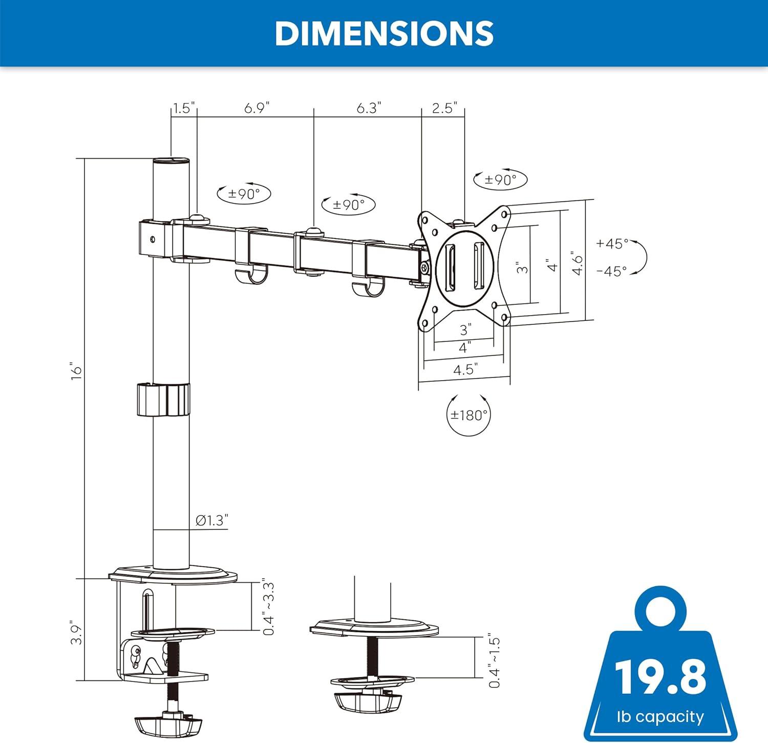 Black Steel Full Motion Single Monitor Desk Mount