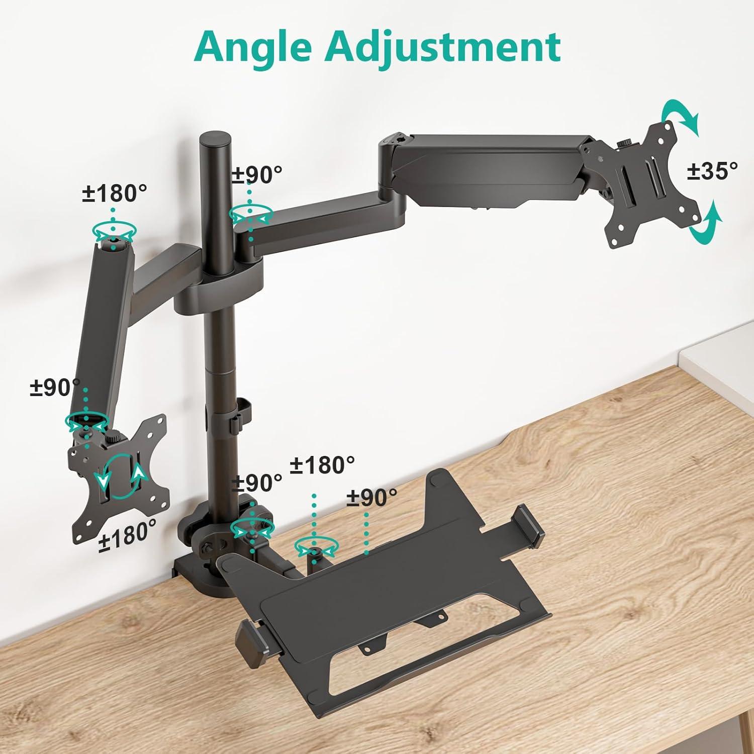 WALI Laptop Mount and Dual Monitor for Max 32" Monitor and 17" Laptop, Adjustable Spring Arm with Tilt, Swivel and Rotation, Dual Monitor and Notebook Stand with VESA 75/100mm(GSDM003LP), Black